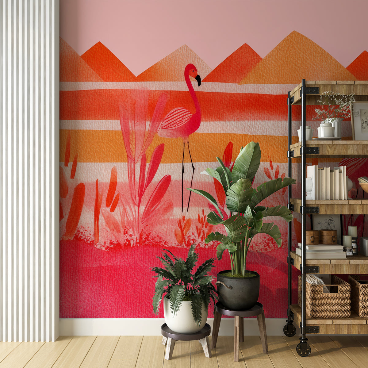 Tropical bird wall mural with pink flamingos and abstract foliage
Maximalist flamingo wallpaper in pink orange and coral