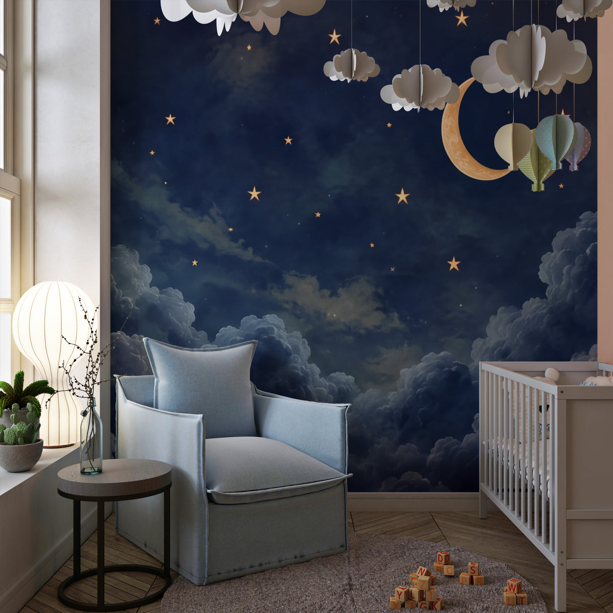 Dreamy celestial night sky wallpaper with golden stars
Dark blue cloud wallpaper with moon and stars