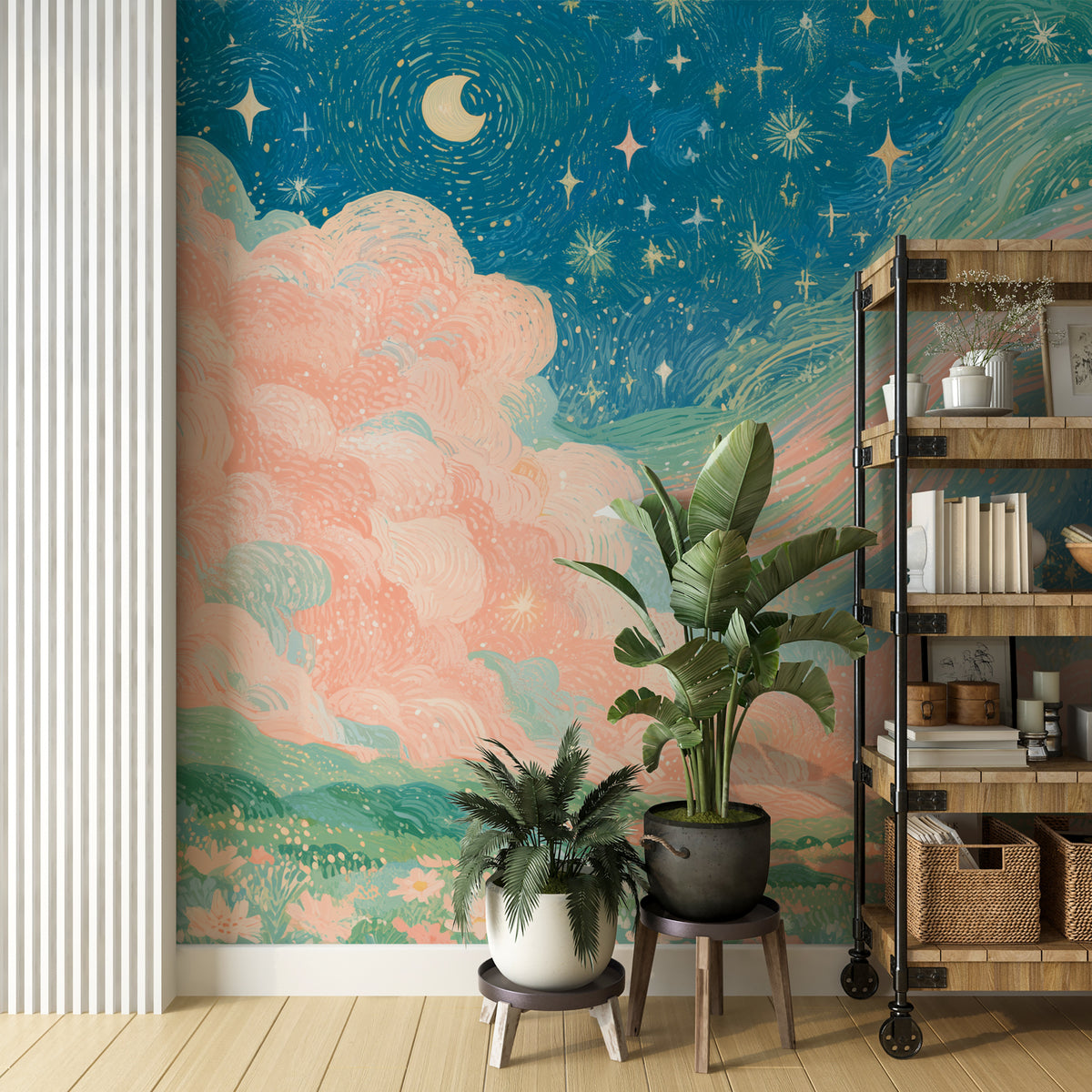 Whimsical cloud wallpaper with crescent moon and pastel flowers