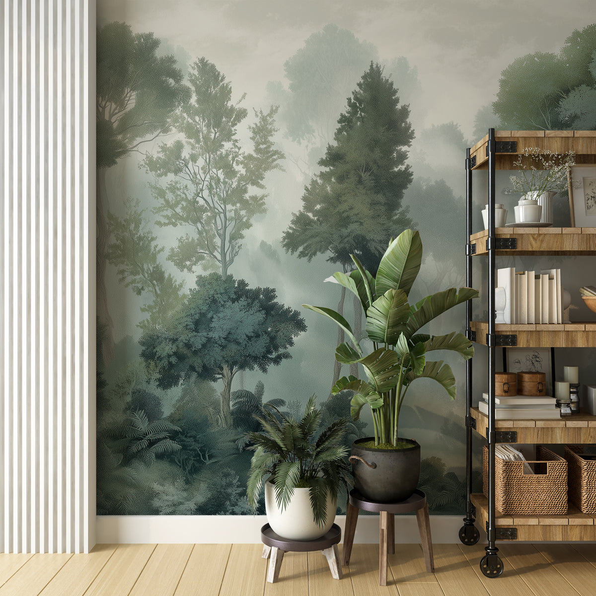 Nature wall mural with green forest trees fog and fern foliage
Elegant green forest wall mural with atmospheric woodland scenery