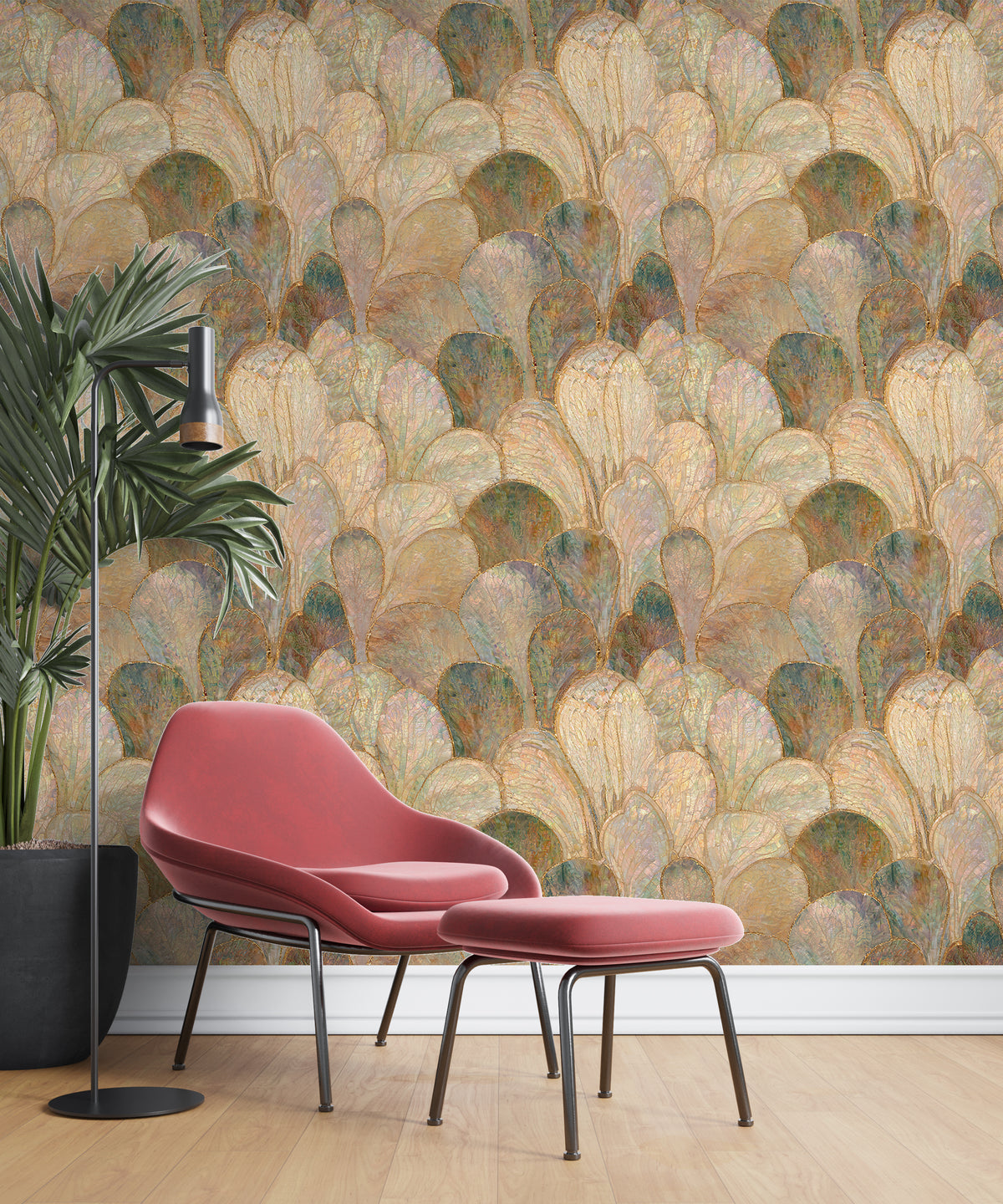 Iridescent Mosaic Leaf Wallpaper Art Nouveau Botanical Wallpaper Metallic Gold Green Pearl Textured Luxury Statement Wallpaper