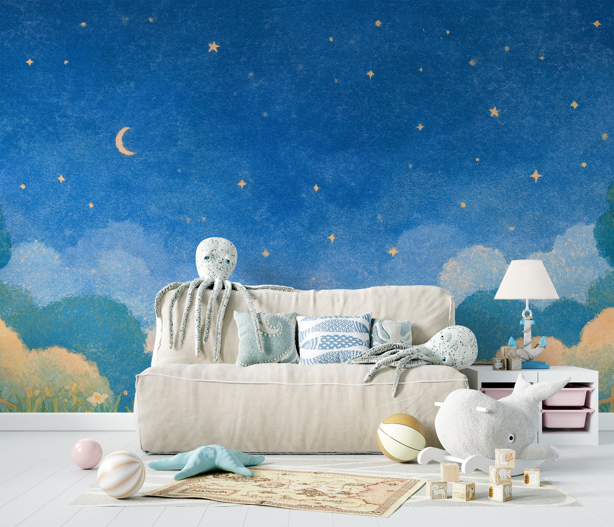Blue Night Sky Wall Mural With Watercolor Clouds Crescent Moon And Gold Stars Celestial Nursery Wallpaper