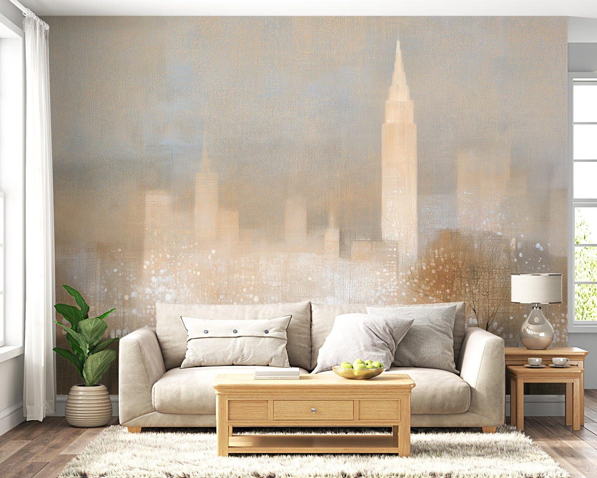 New York City Skyline Wall Mural With Beige Skyscrapers Golden Light And Abstract Manhattan Urban Landscape