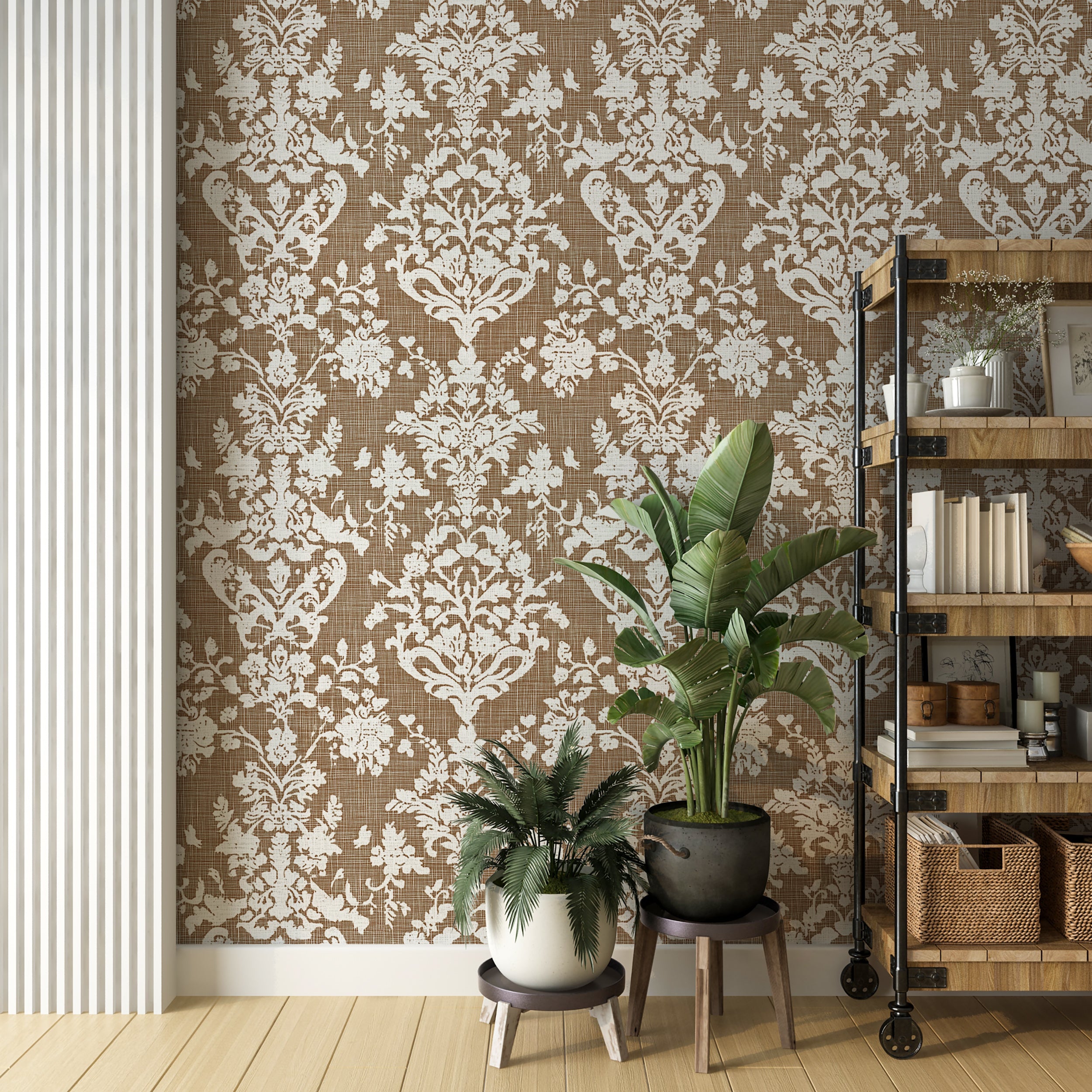 Beige and white classic pattern wallpaper for vintage interiors
Linen-style peel and stick wallpaper for traditional decor