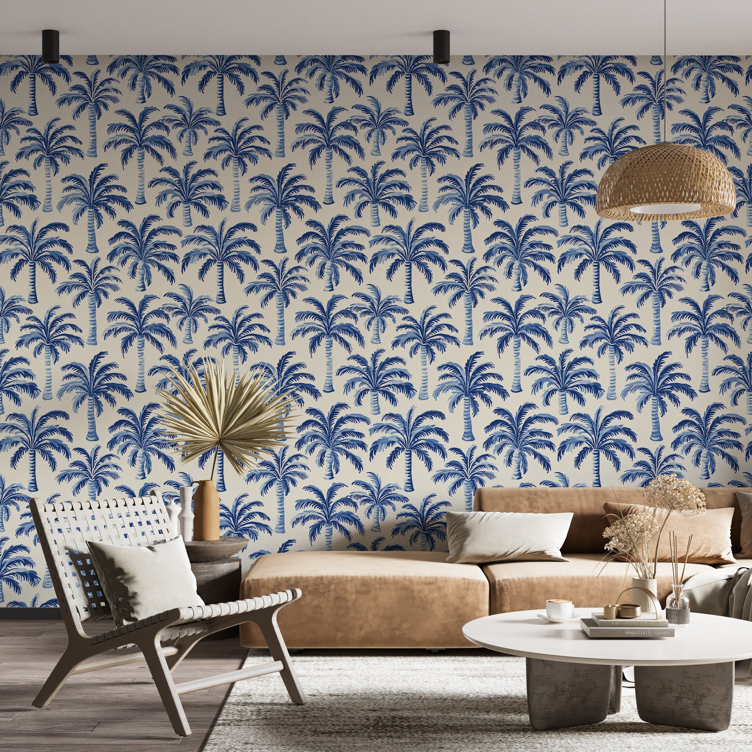 Blue and White Coastal Wallpaper, Palm Trees Pattern Wallpaper, Peel and Stick Tropical Wall Decor