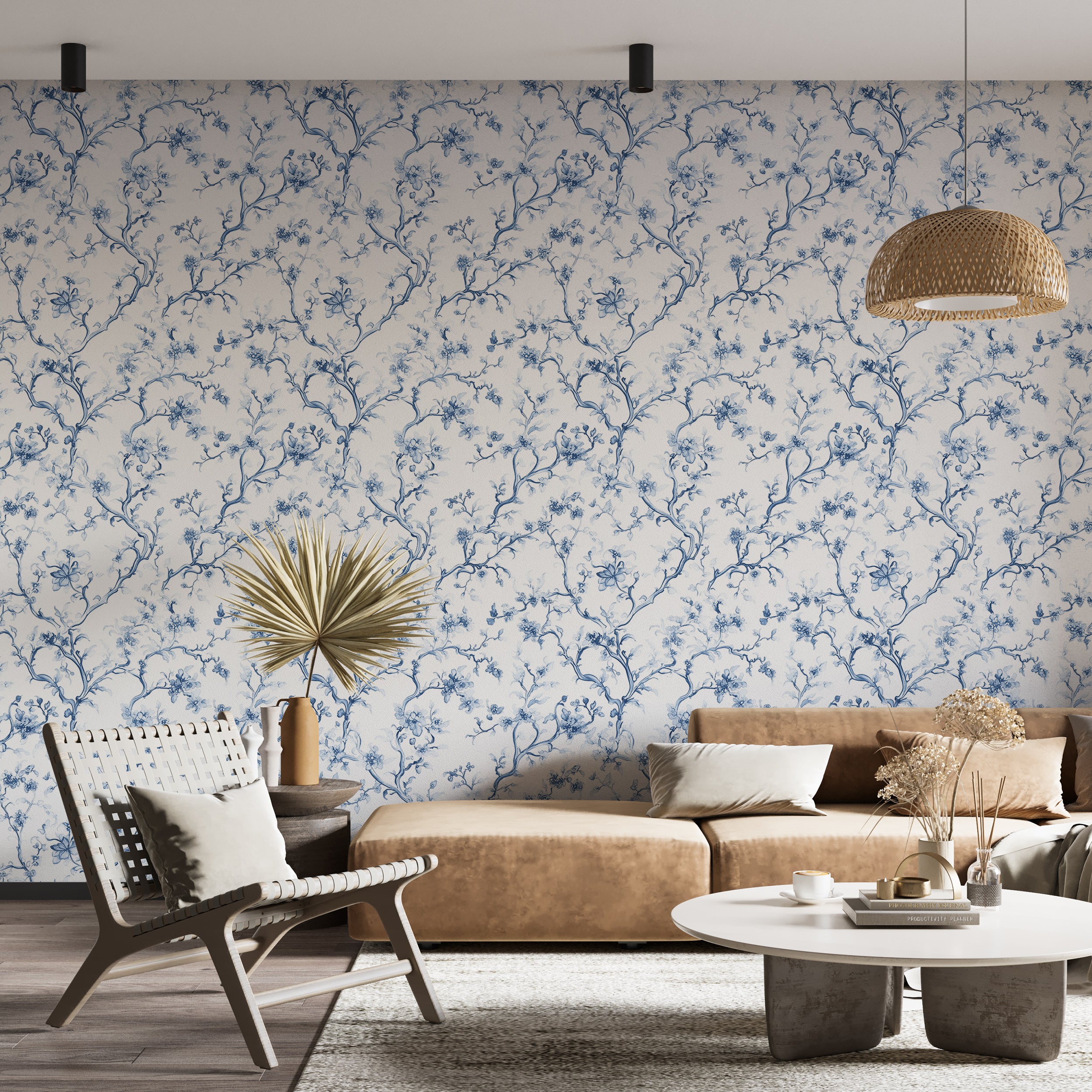 Blue and white classic wallpaper for bedrooms
Nature-inspired Toil de Jouy wallpaper for accent walls