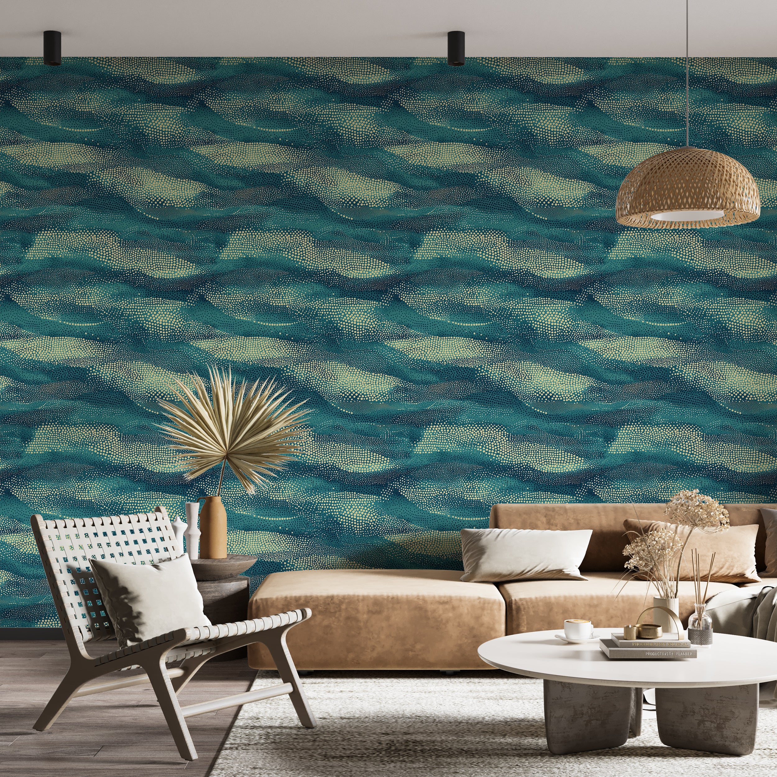 Blue and Beige Abstract Ocean Waves Wallpaper, Small Dots Pattern Wall Art, Peel and Stick Accent Wall Decor