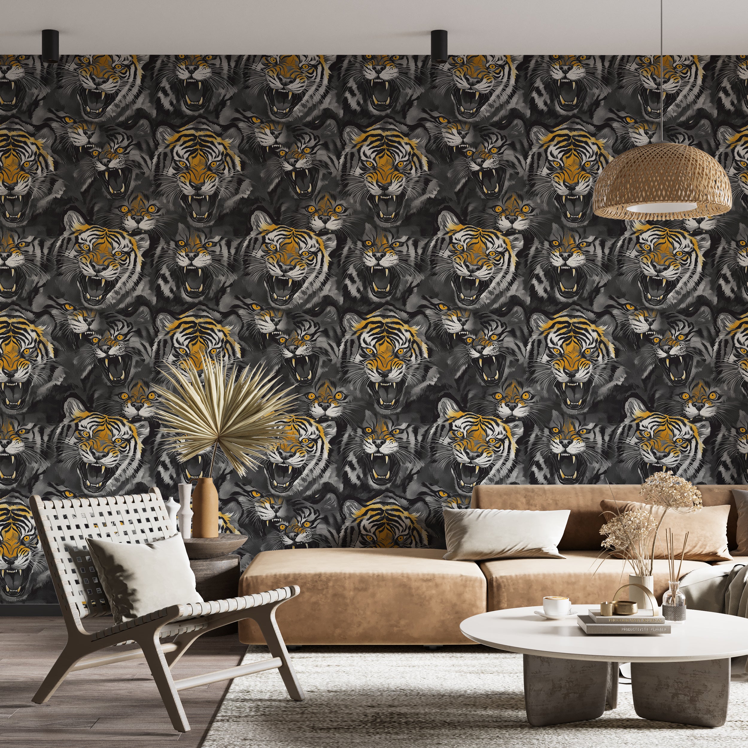 Dark Tiger Print Wallpaper, Orange and Grey Safari Animal Print Wall Art, Peel and Stick Tiger Head Abstract Wallpaper