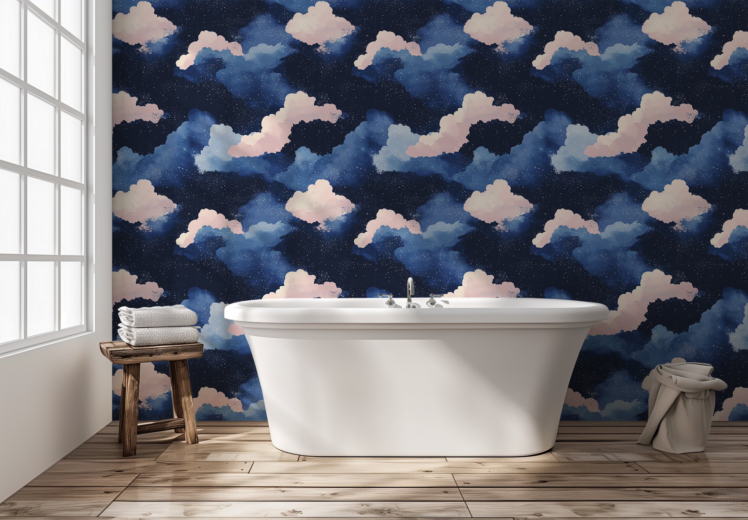 Starry Night Wallpaper, Dark Blue and Pink Clouds Wallpaper, Peel and Stick Cloudy Sky Nursery Wall Decor