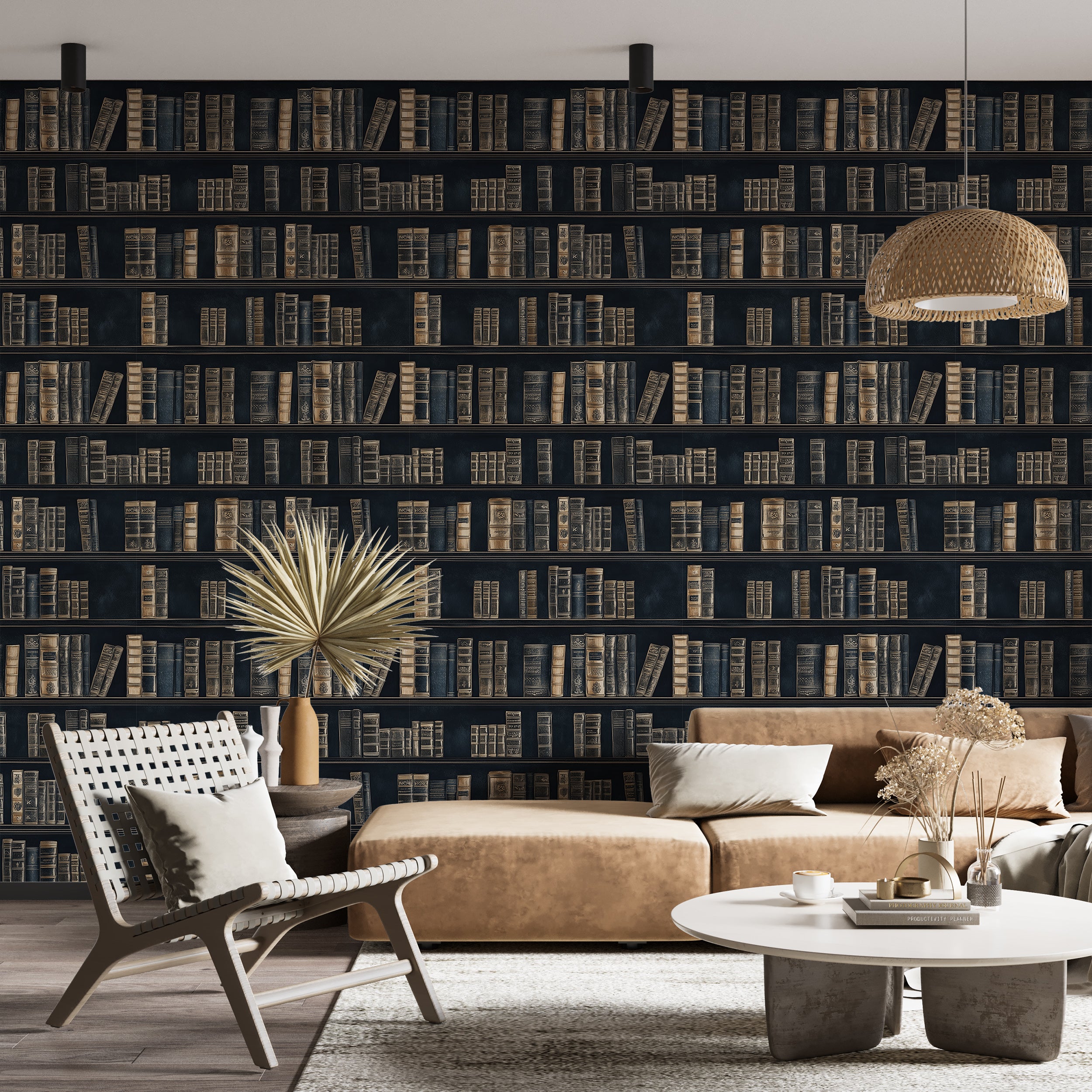 Book Shelf Pattern Wallpaper, Dark Academy Wall Decor, Peel and Stick Dark Blue Books Wallpaper