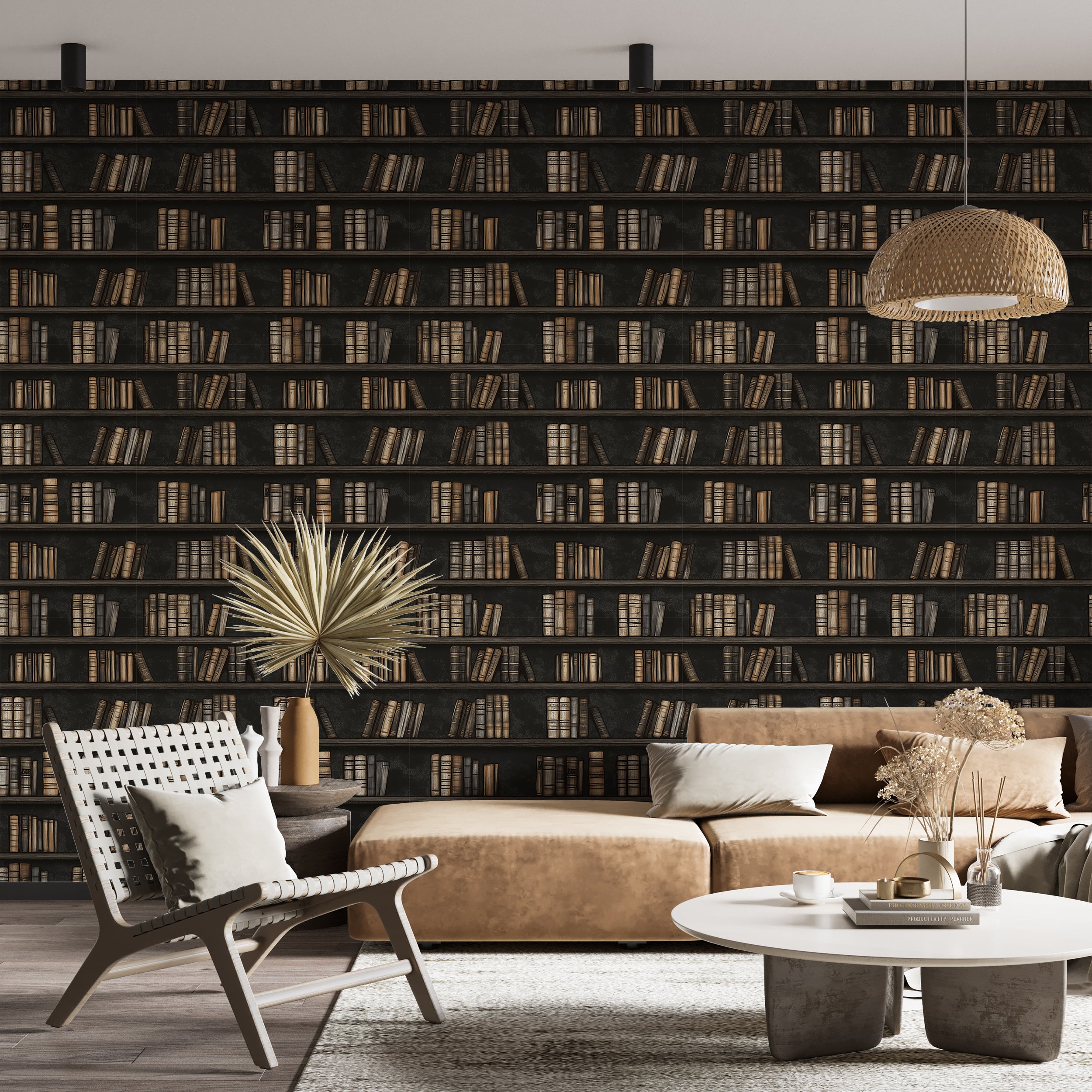 Dark Grey Book Shelf Wallpaper, Dark Academy Wallpaper, Peel and Stick Library Wallpaper