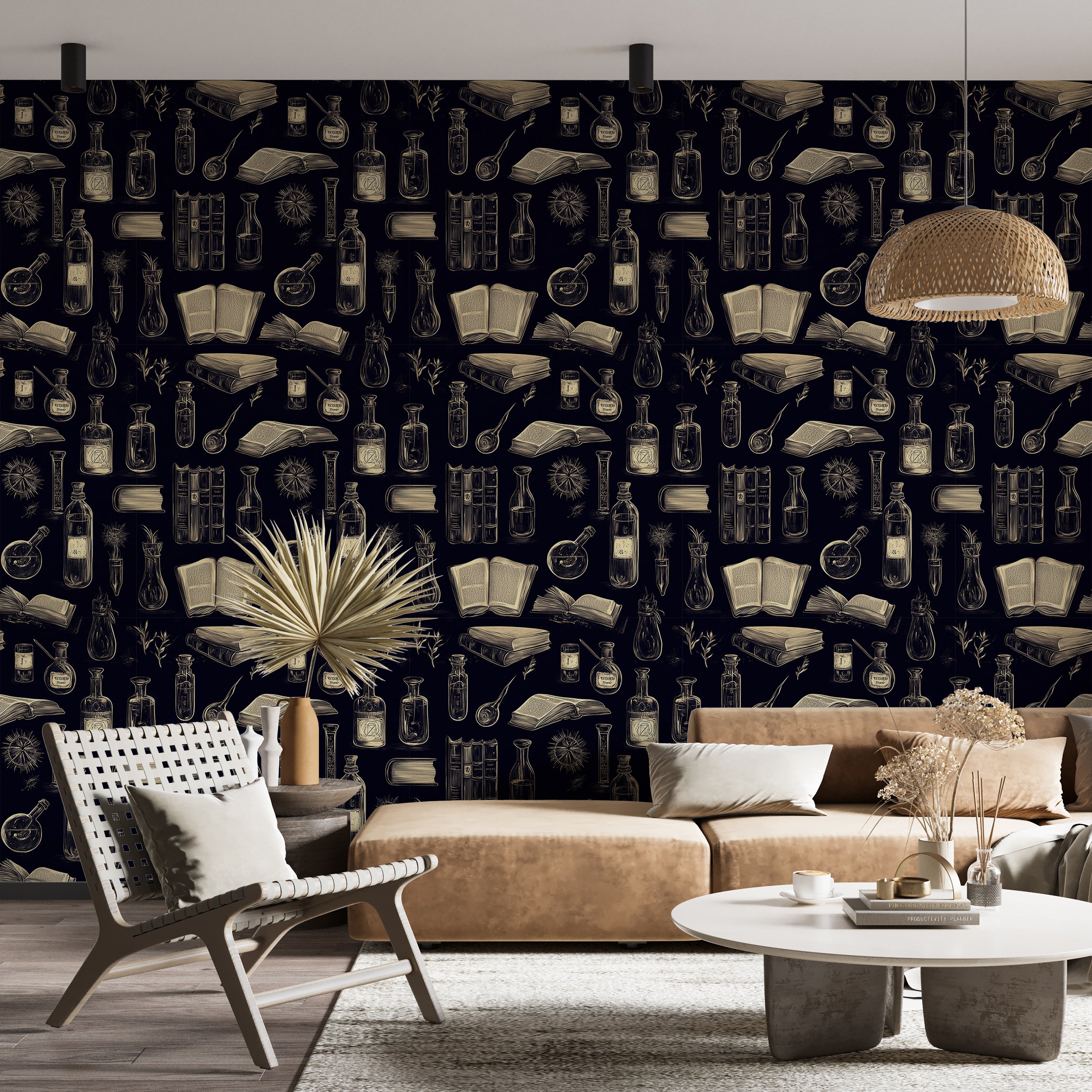 Peel and stick black wallpaper with chemistry symbols
Magic school wall art for fantasy-inspired rooms