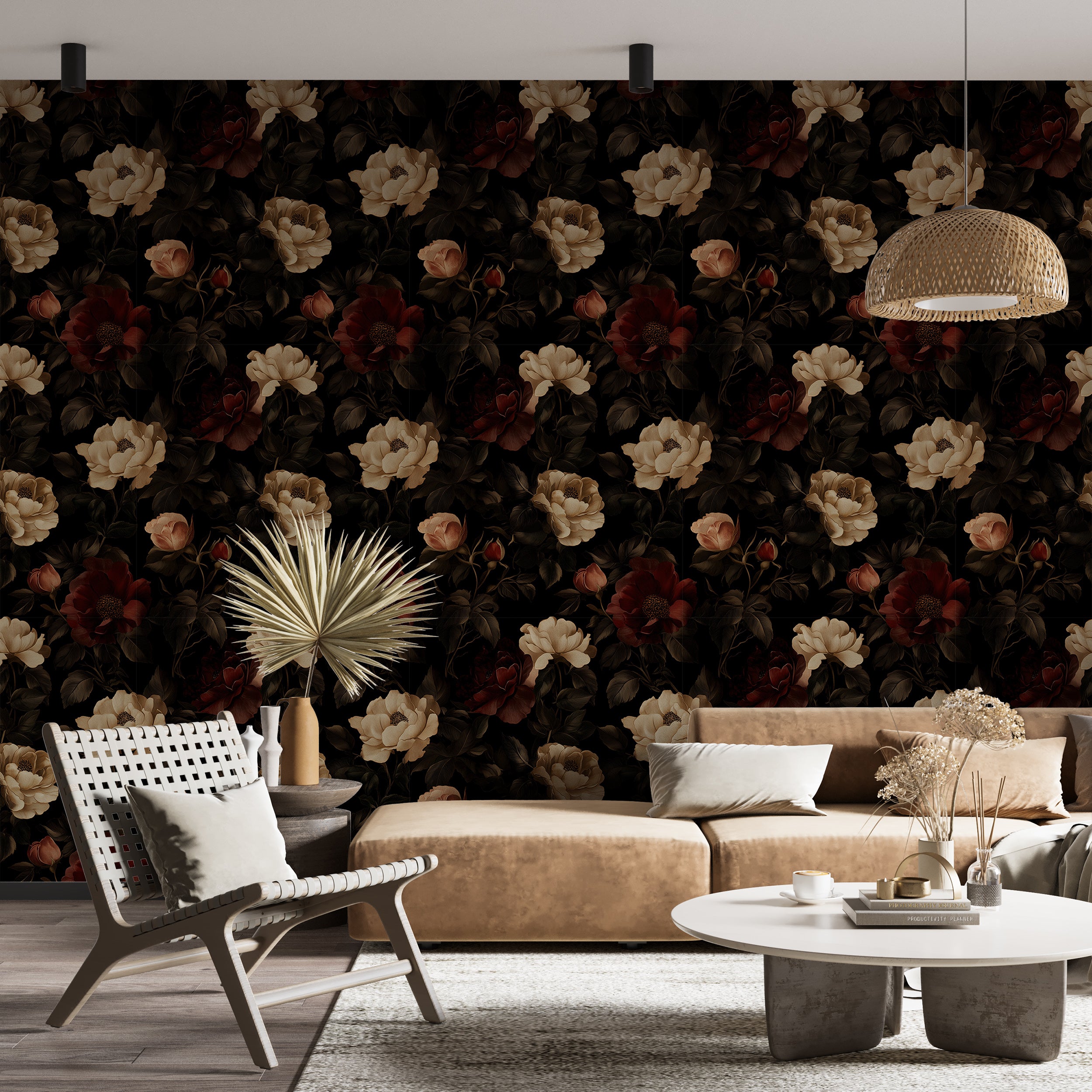 Dark floral wallpaper for vintage botanical decor
Peel and stick old-style flowers and leaves wallpaper