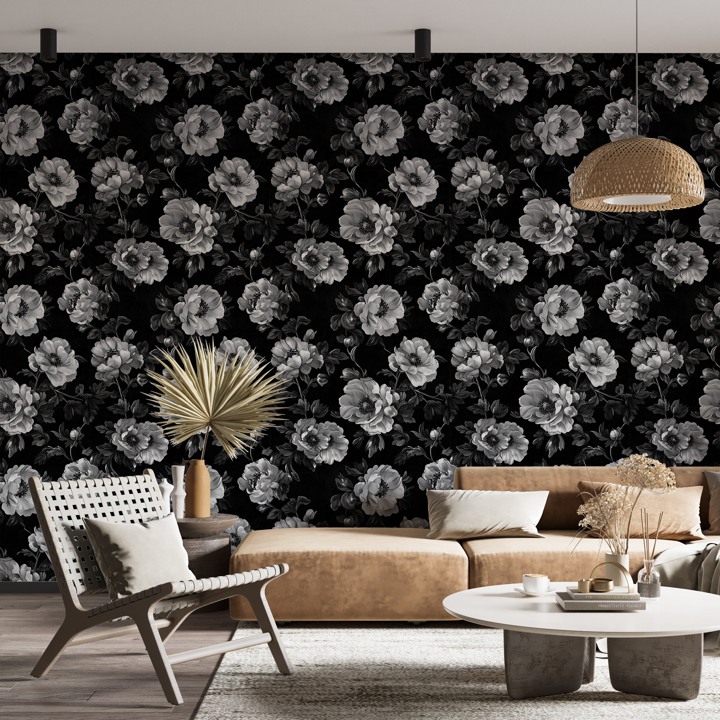 Black and White Floral Wallpaper, Vintage Flower Pattern Monochrome Wallpaper, Peel and Stick Dark Botanical Art