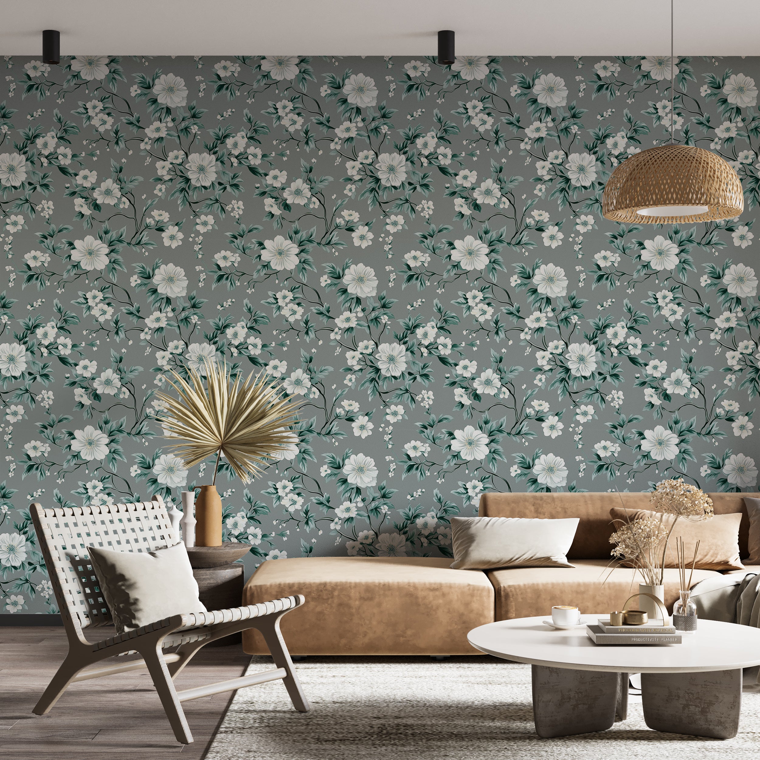 Grey floral wallpaper with white and green botanical design
Peel and stick retro floral wallpaper for vintage decor