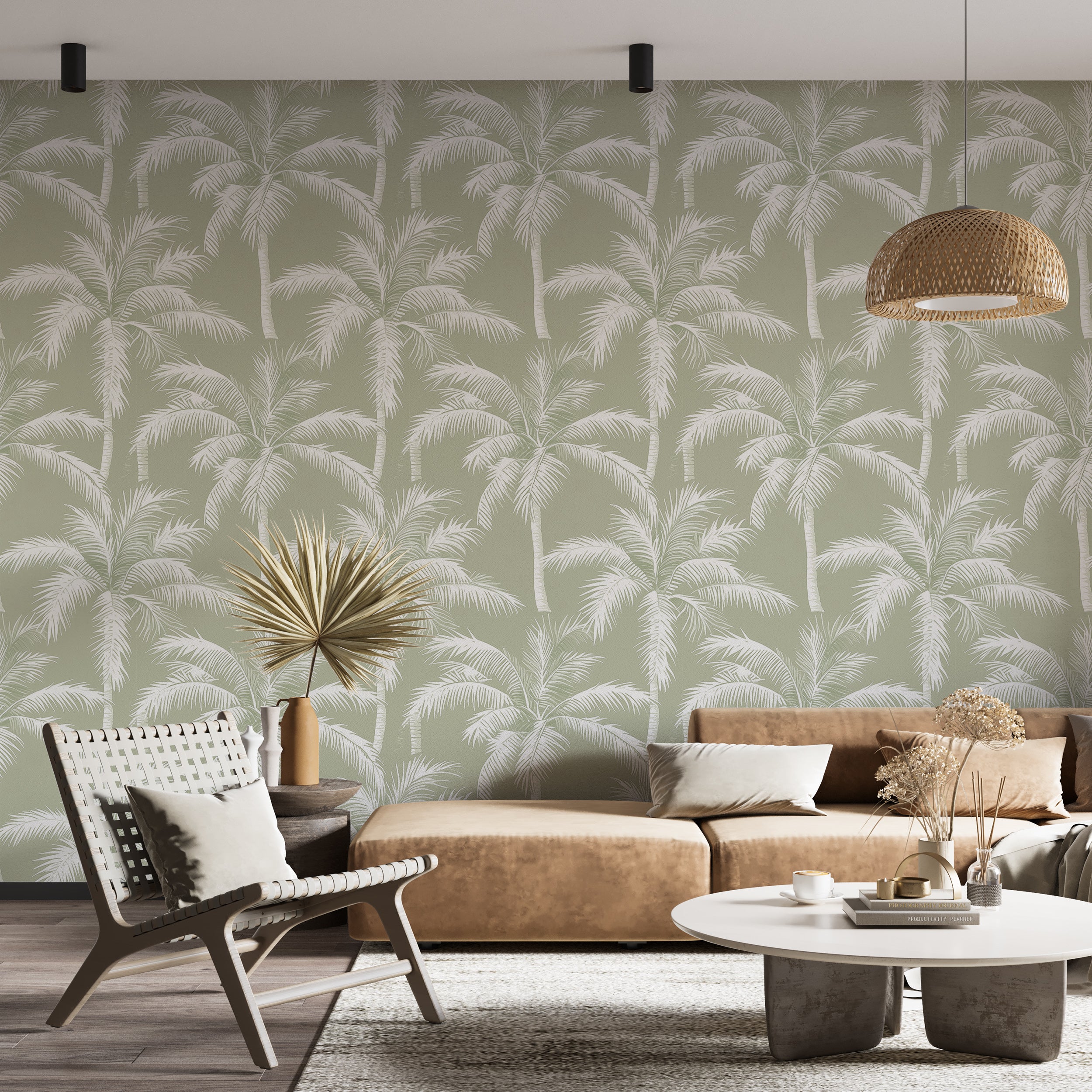 Light Green and White Palm Tree Pattern Wallpaper, Tropical Wall Decor, Peel and Stick Jungle Wallpaper