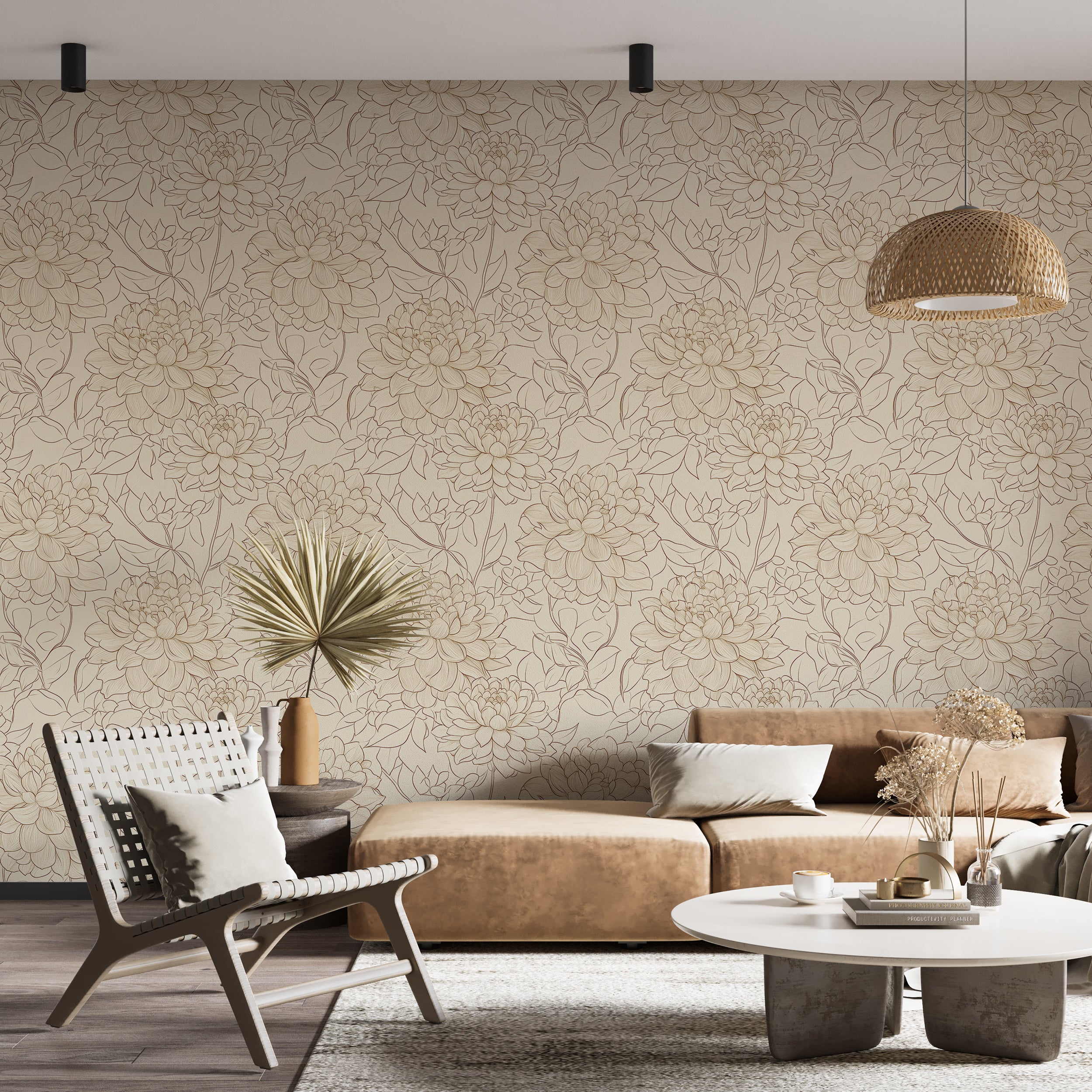 Beige Floral Wallpaper, Peonies Flower Pattern Wallpaper, Peel and Stick Outline Drawing Wall Decor