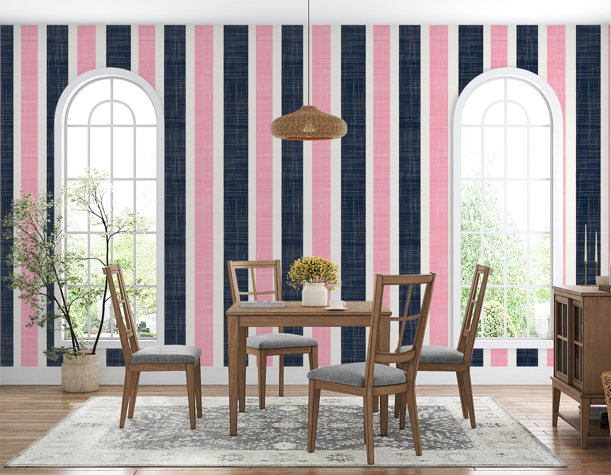 Navy White and Pink Striped Wallpaper, Linen Style Colorful Classic Wallpaper, Peel and Stick Removable Wall Decor