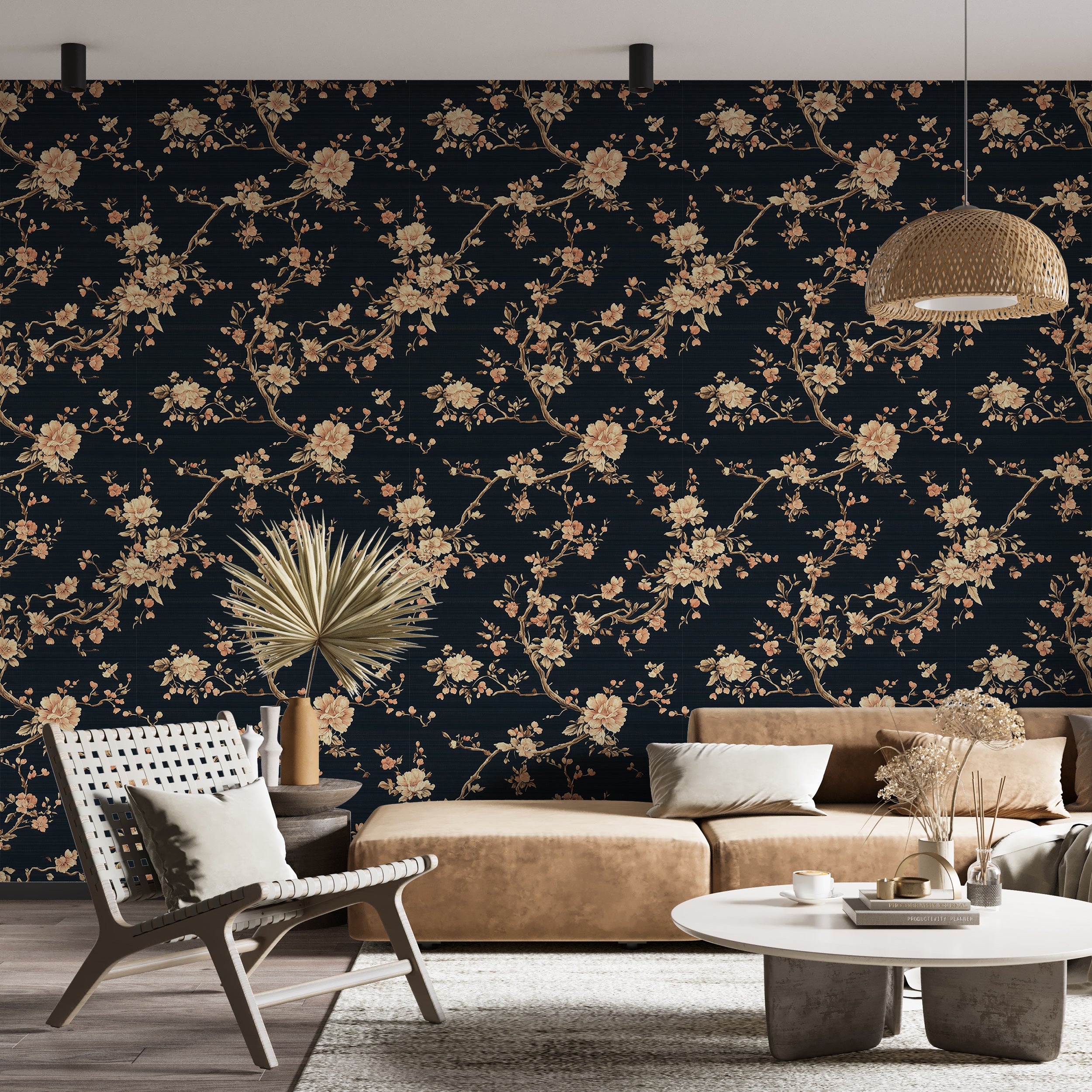 Golden Blossom Branches on Dark Navy Background Wallpaper, Gold and Blue Botanical Peel and Stick Wall Decor