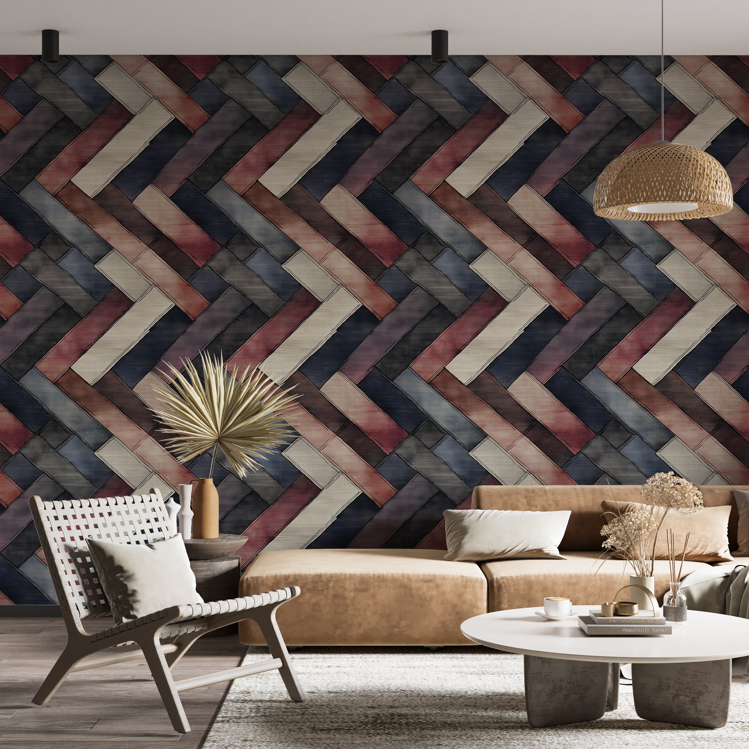 Colorful Accent Wall Herringbone Wallpaper, Peel and Stick Geometric Wall Decor, Dark Bricks Wallpaper