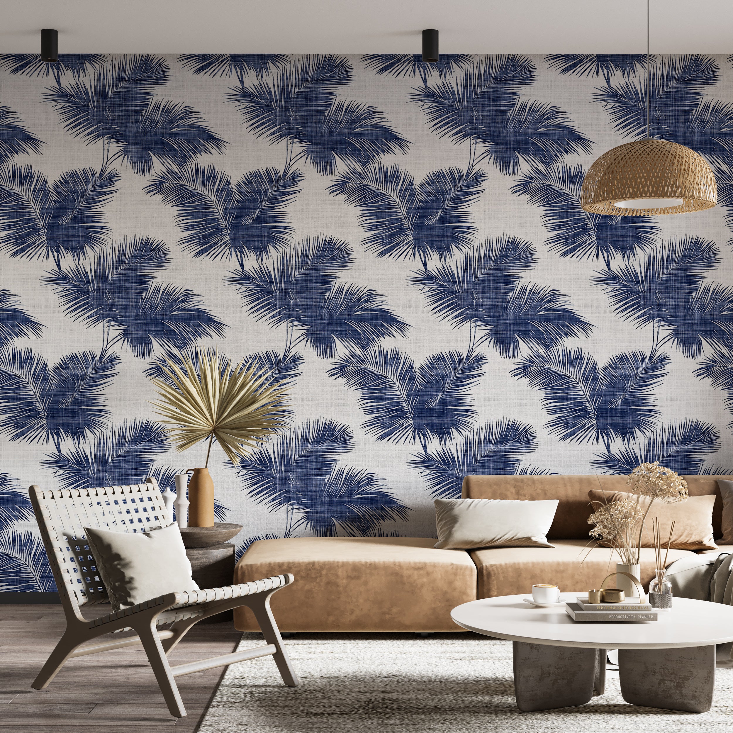 Blue Palm Tree Leaves Wallpaper, Blue and White Tropical Minimalist Wallpaper, Peel and Stick Coastal Wall Decor