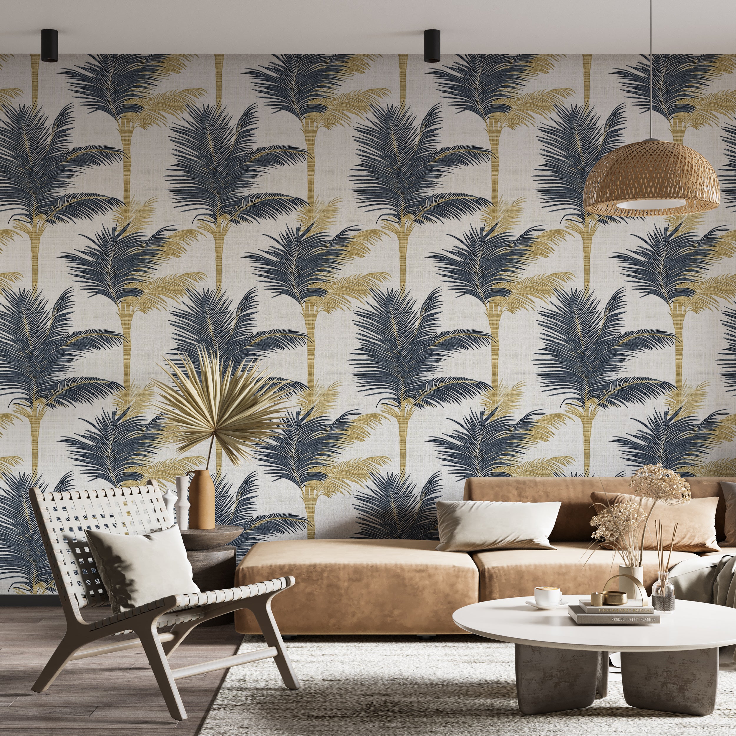 Gold and Blue Palm Trees on White Linen Texture Background Wallpaper, Luxurious Tropical Forest Wall Decor, Peel and Stick Art