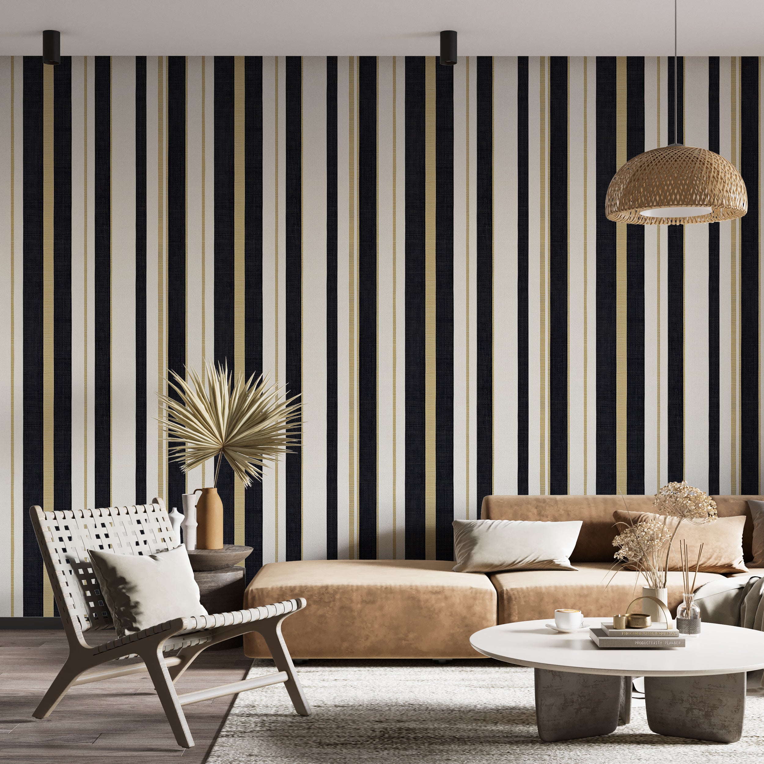 Small Stripes Traditional Wallpaper, Removable Classic Blue White and Gold Striped Accent Wallpaper, Peel and Stick Decor