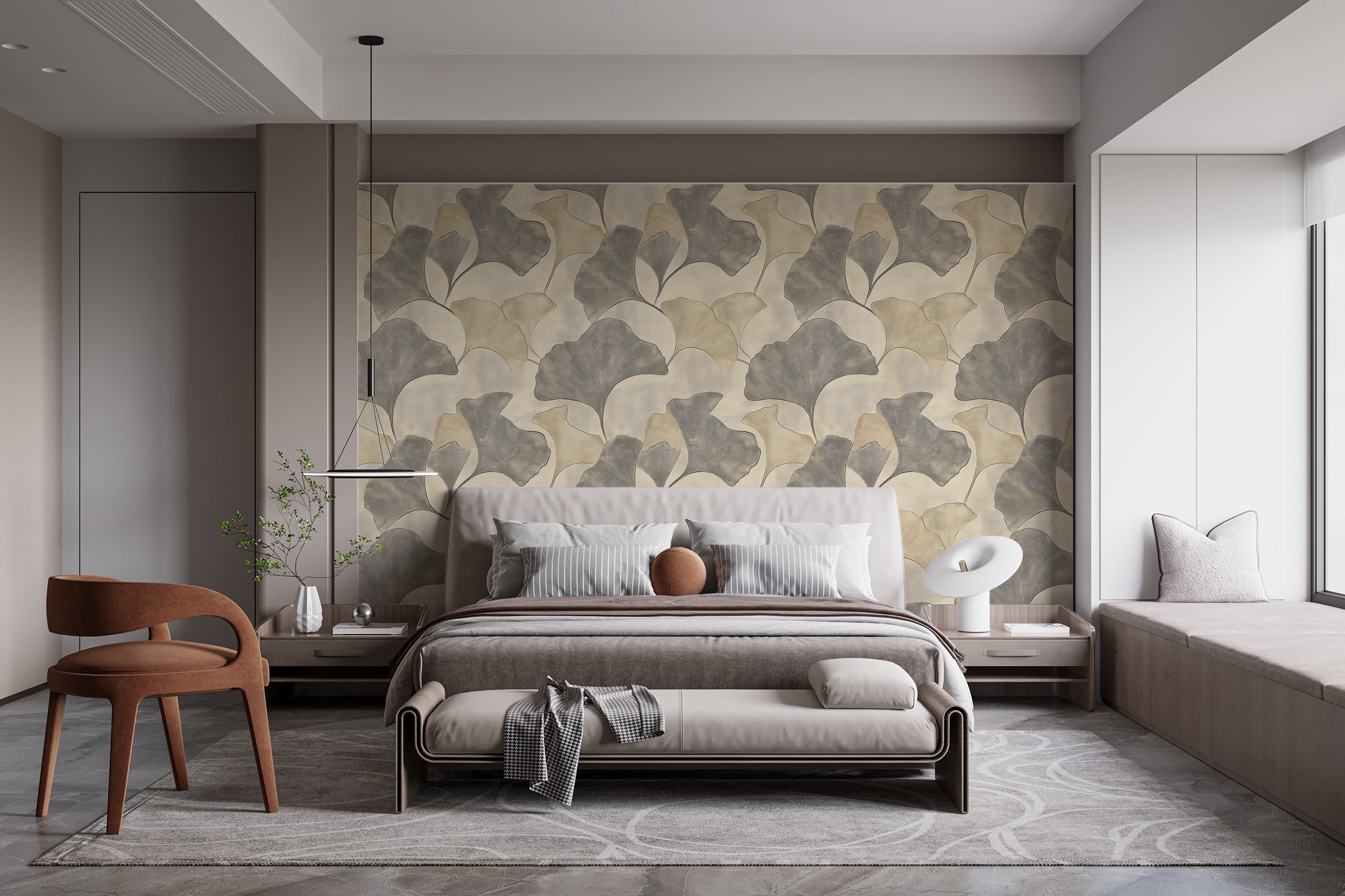 Beige and Grey Leaf Pattern Wallpaper, Luxury Leaves Decor, Peel and Stick Abstract Botanical Wallpaper