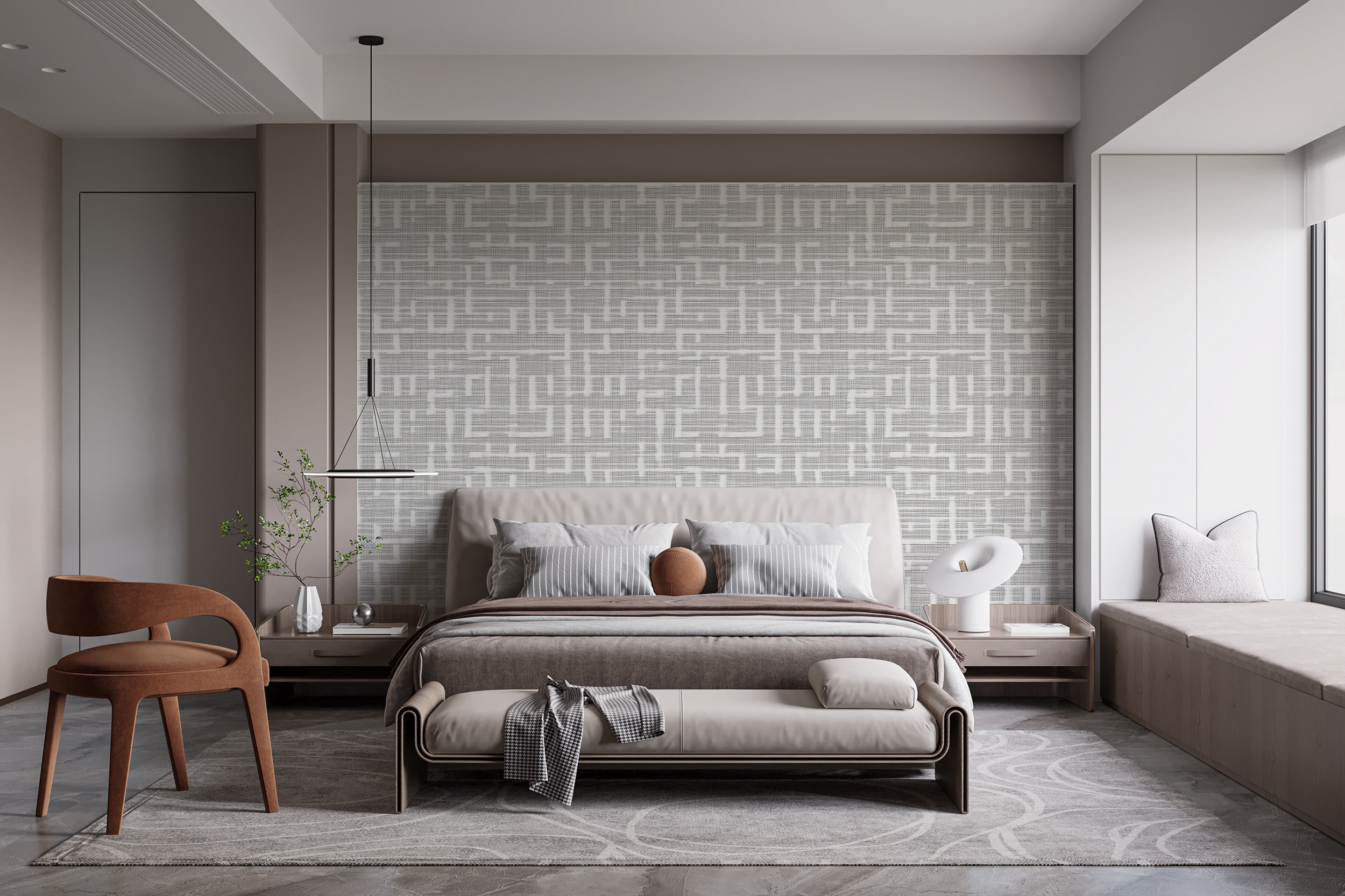 Grey and White Linen Style Greek Geometric Wallpaper, Peel and Stick Light Minimalist Neutral Wall Covering