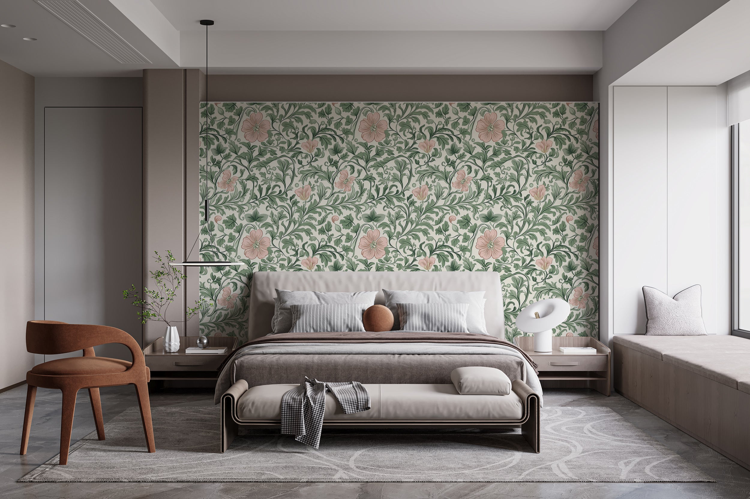 Pink and Green Floral Wallpaper, Peel and Stick William Morris Style Botanical Wall Decor, Removable Greenery