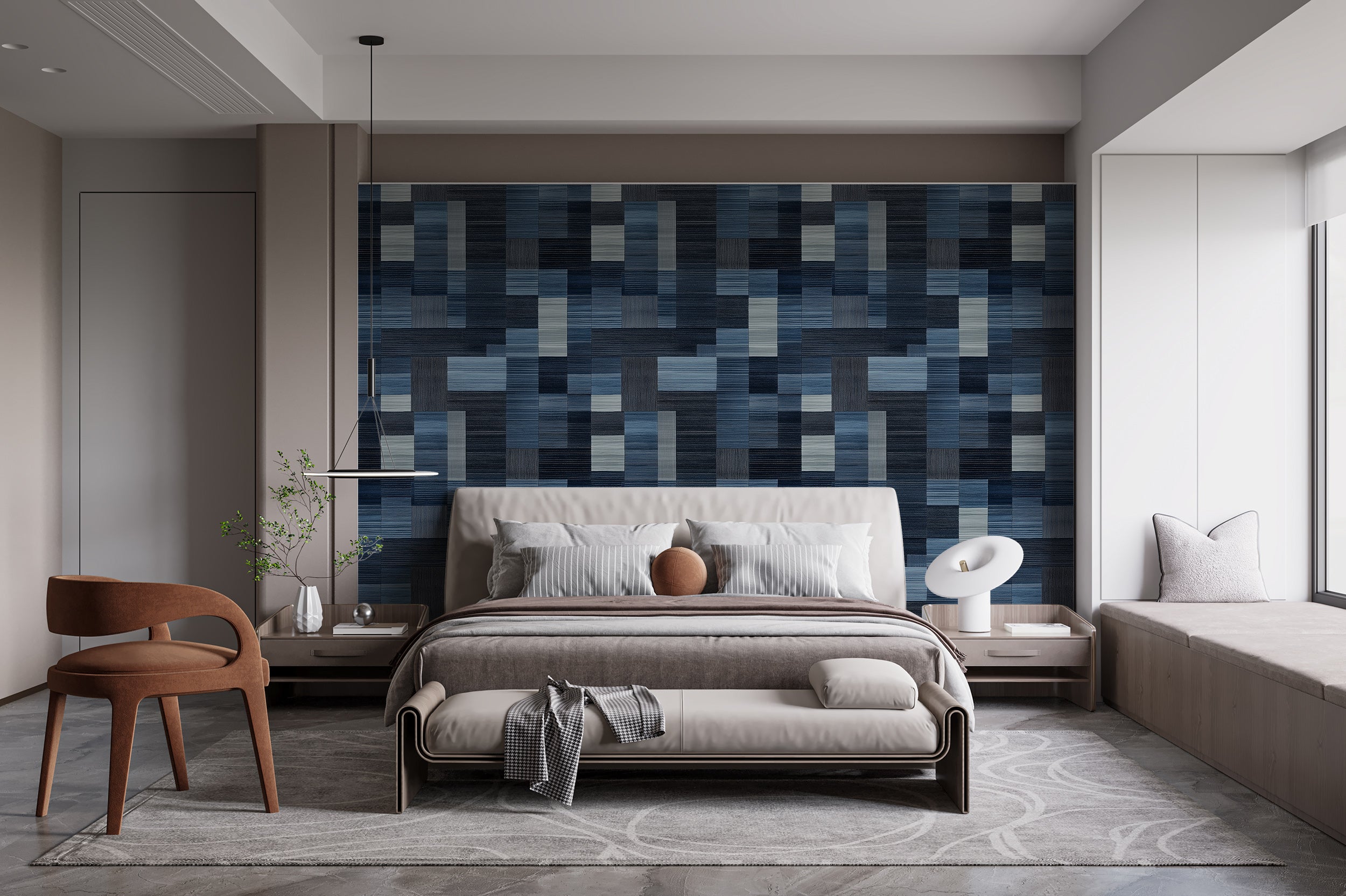 Dark Blue and Grey Squares Contemporary Wallpaper, Peel and Stick Geometric Scandinavian Wallpaper