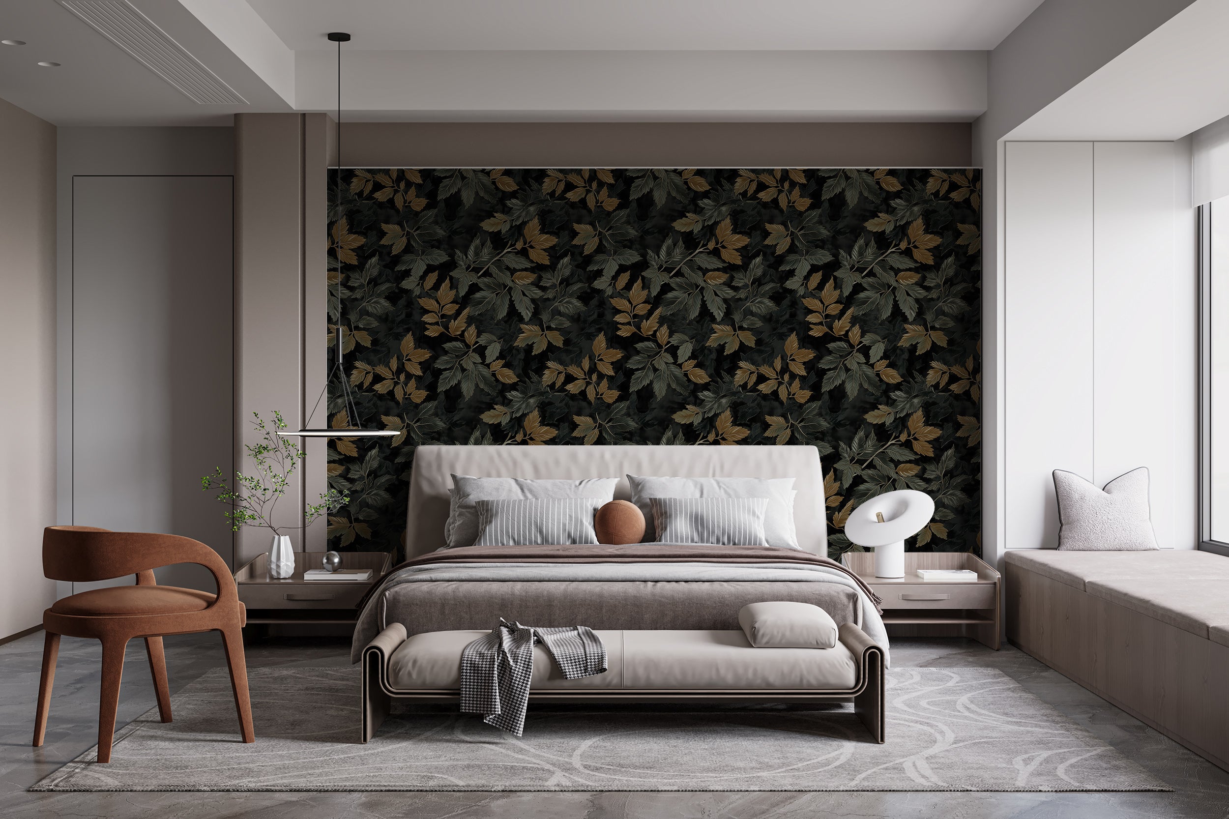 Dark Forest Leaves Pattern Wallpaper, Peel and Stick Dark Green Botanical Wall Decor