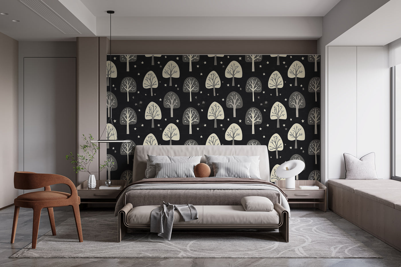 Beige Trees on Dark Background Wallpaper - Trees & Stars Wall Covering