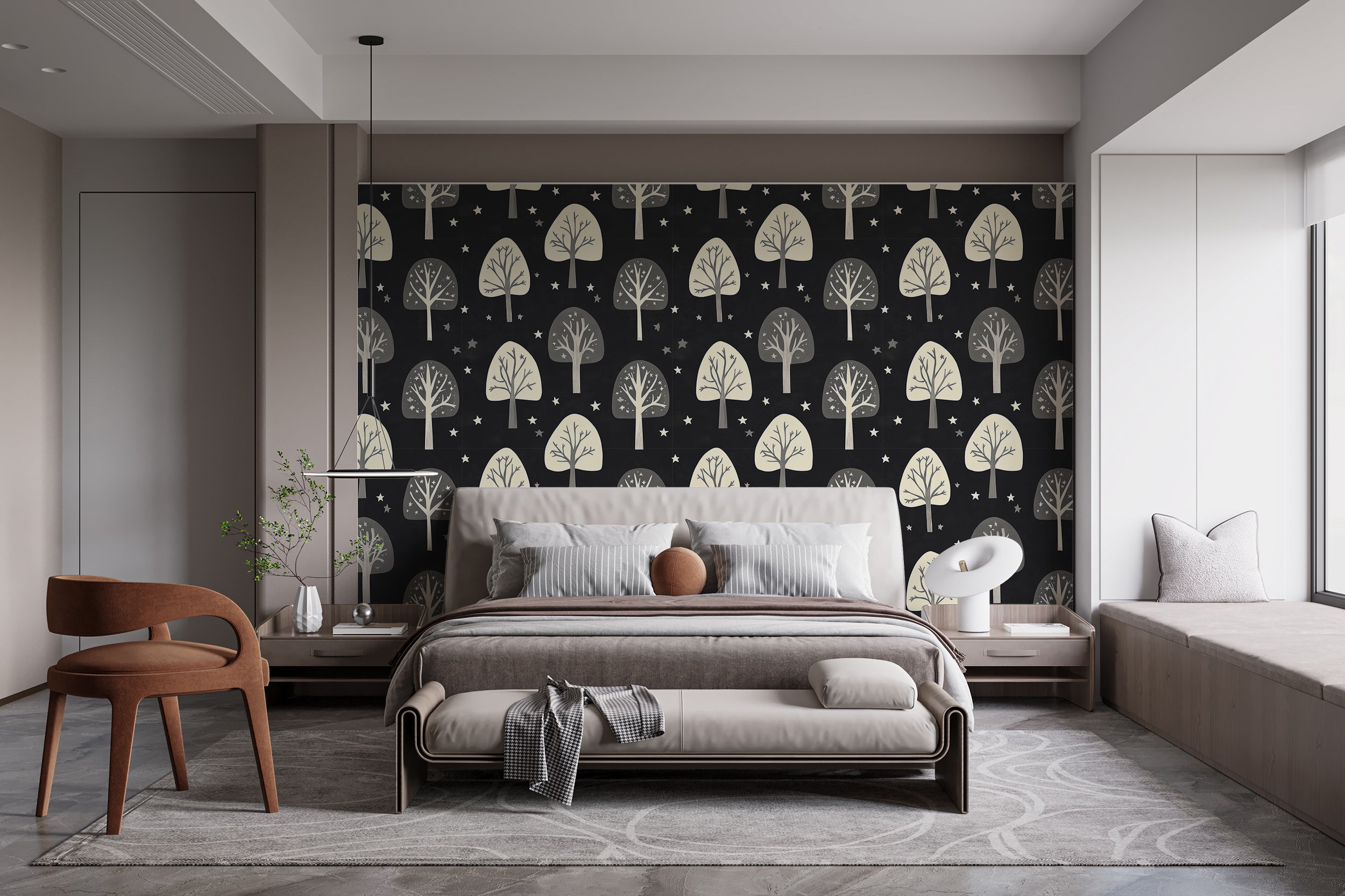 Beige Trees on Dark Background Wallpaper, Trees and Stars Removable Wall Covering, Peel and Stick Black Forest Art