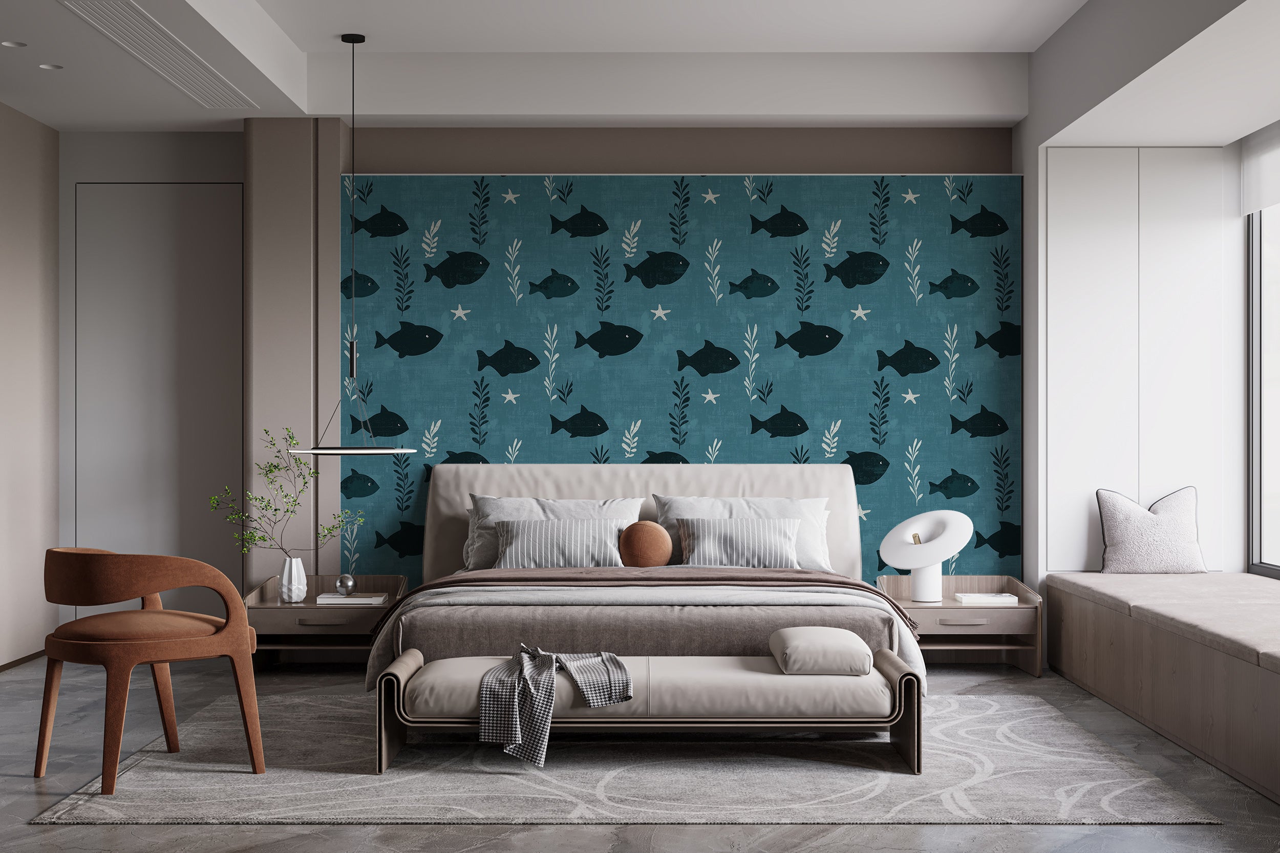 Dark Teal Fish Pattern Wallpaper, Peel and Stick Underwater Life Wallpaper, Nursery Fish and Stars Nautical Wall Decor