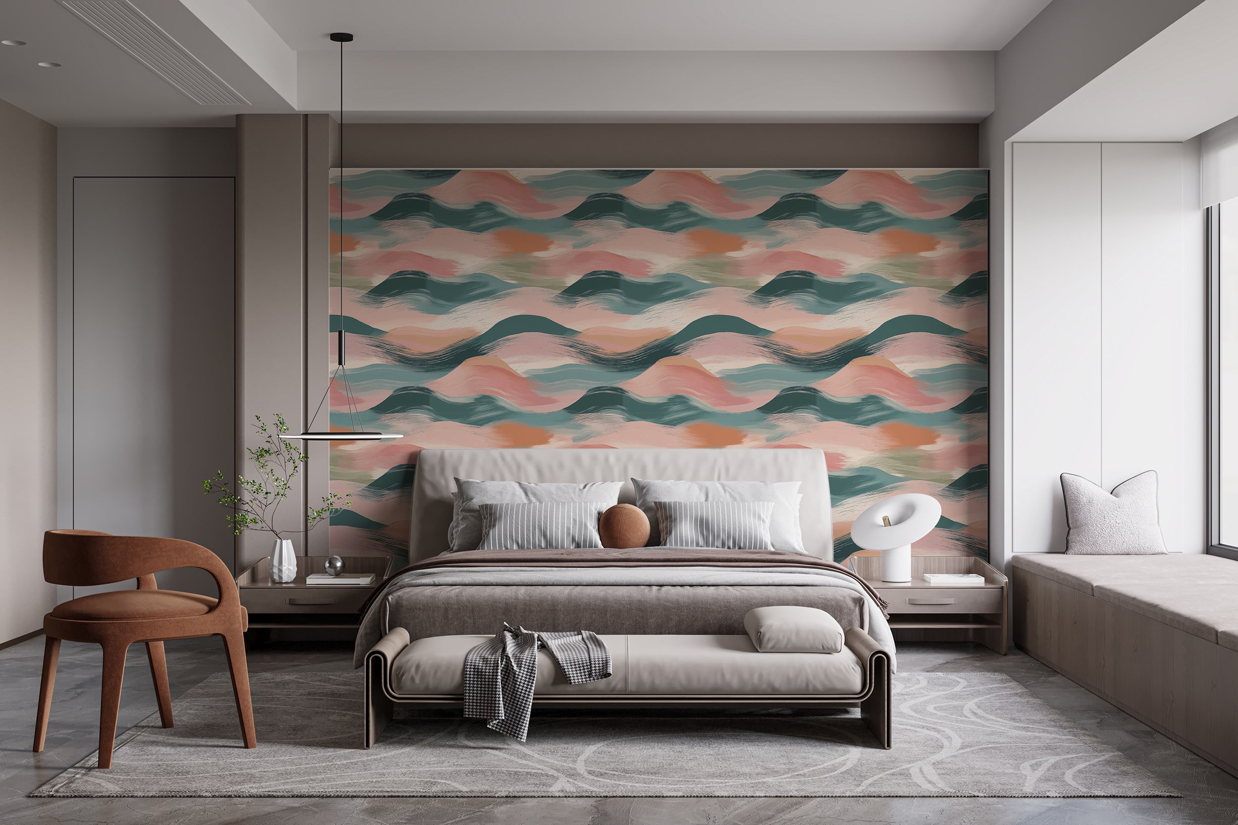 Pink and Green Abstract Waves Wallpaper, Peel and Stick Pastel Colors Brushed Line Art, Removable Wavy Wall Covering