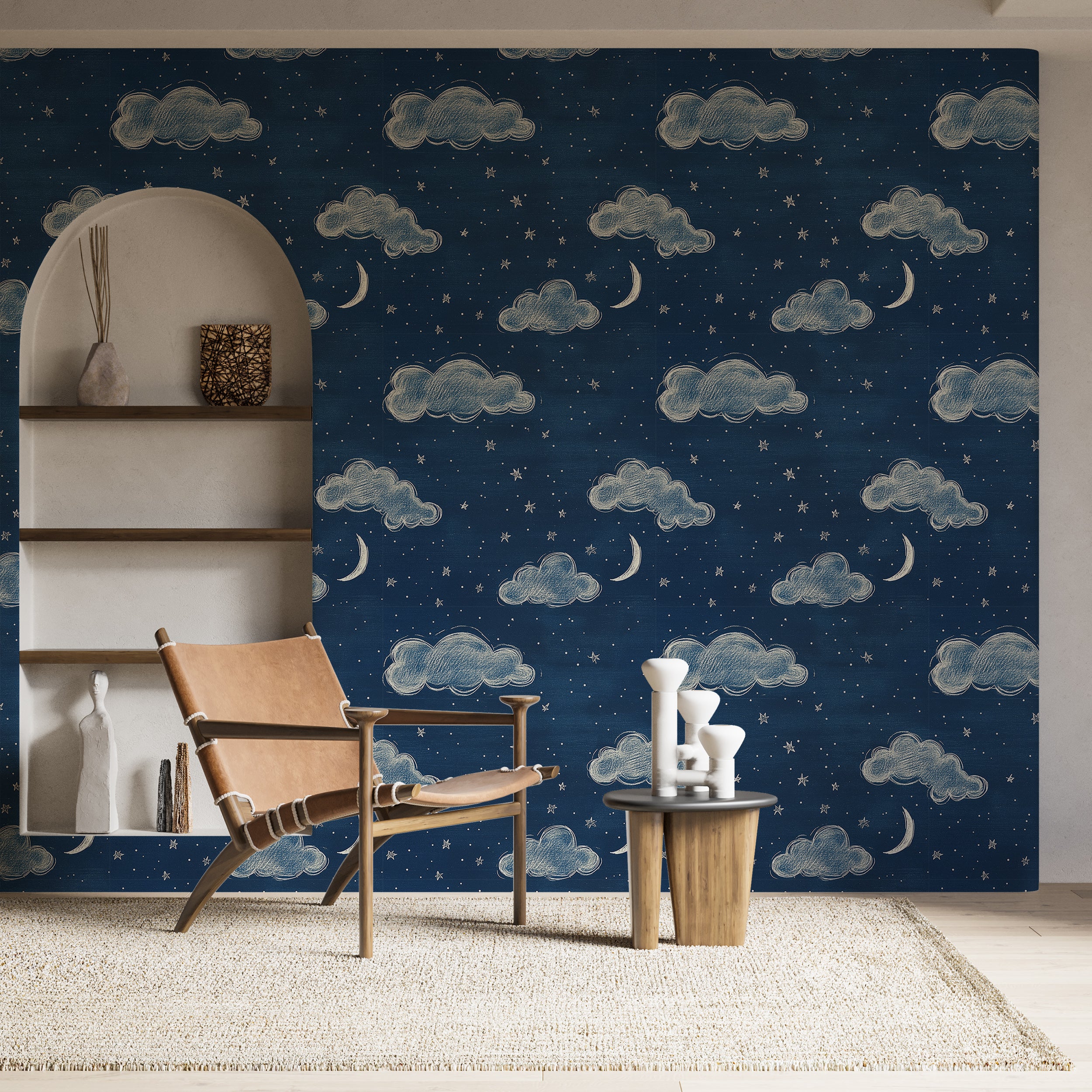 Starry Night Wallpaper, Nursery Clouds and Stars Wallpaper, Removable Dark Blue and White Starry Sky Wall Decor