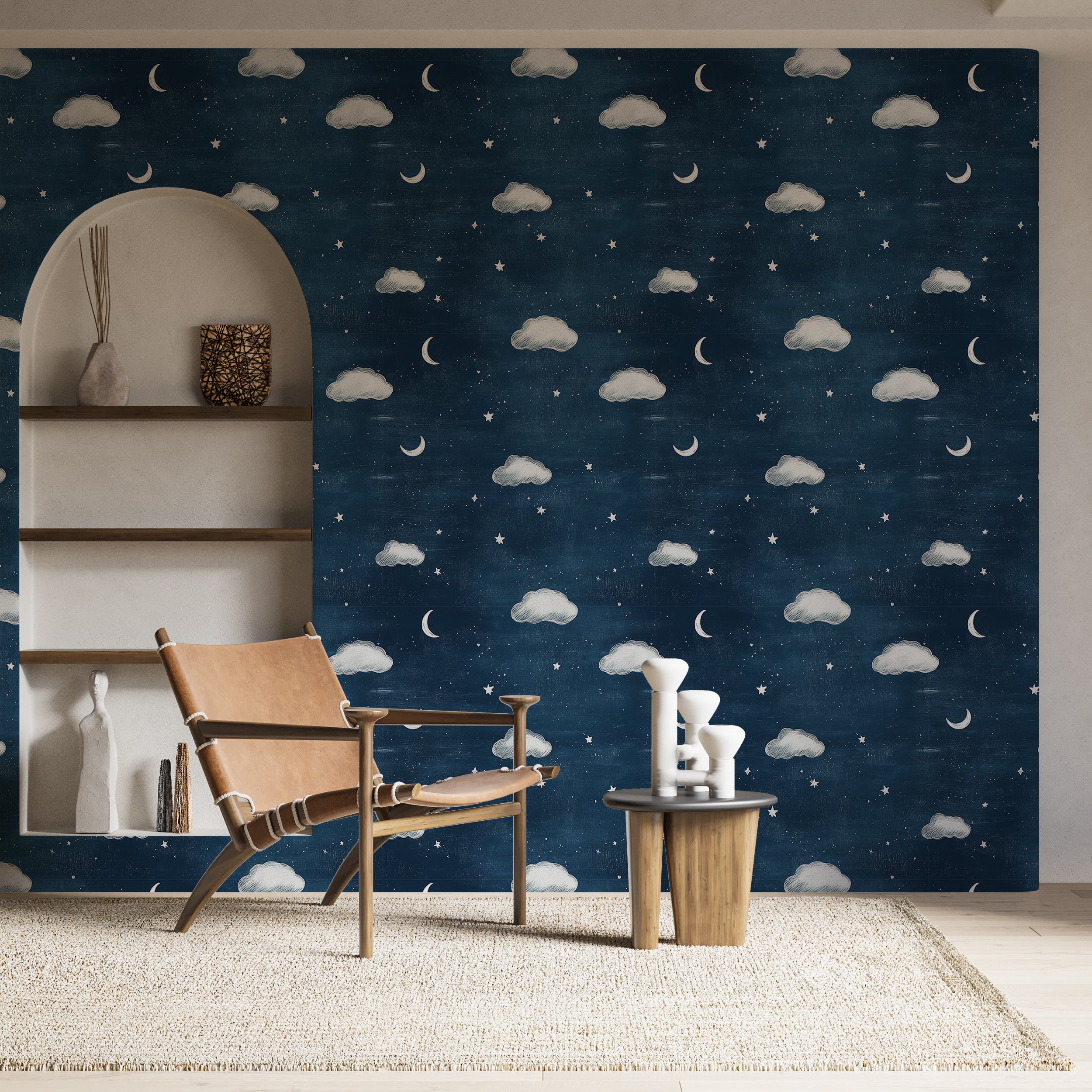 Nursery Dark Blue Stars and Clouds Wallpaper, Peel and Stick Starry Night Wall Decor, Kids Room Celestial Wall Covering