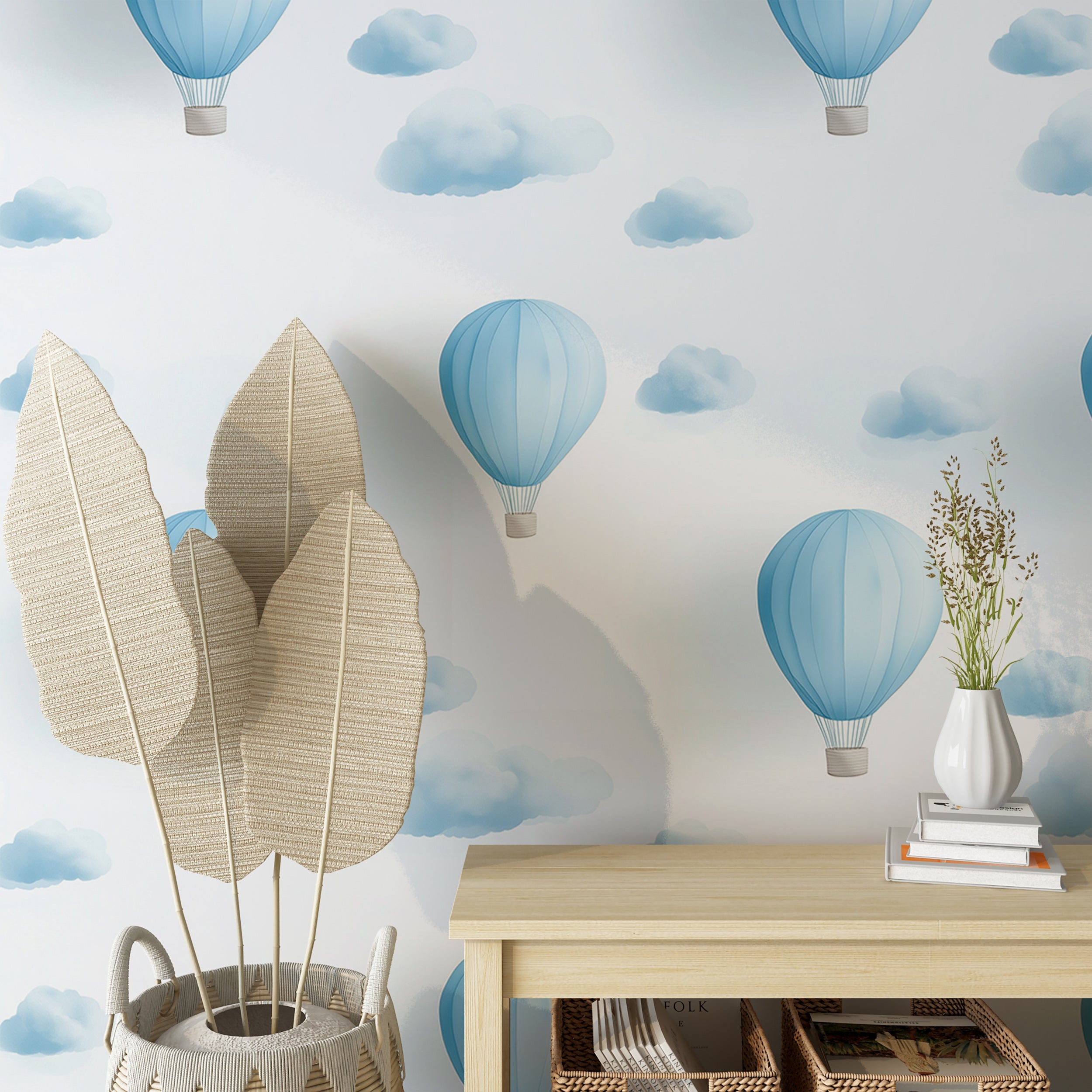 Blue and White Hot Air Balloons Wallpaper, Peel and Stick Nursery 3D Wall Decor, Minimalist Clouds and Balloons Wallpaper