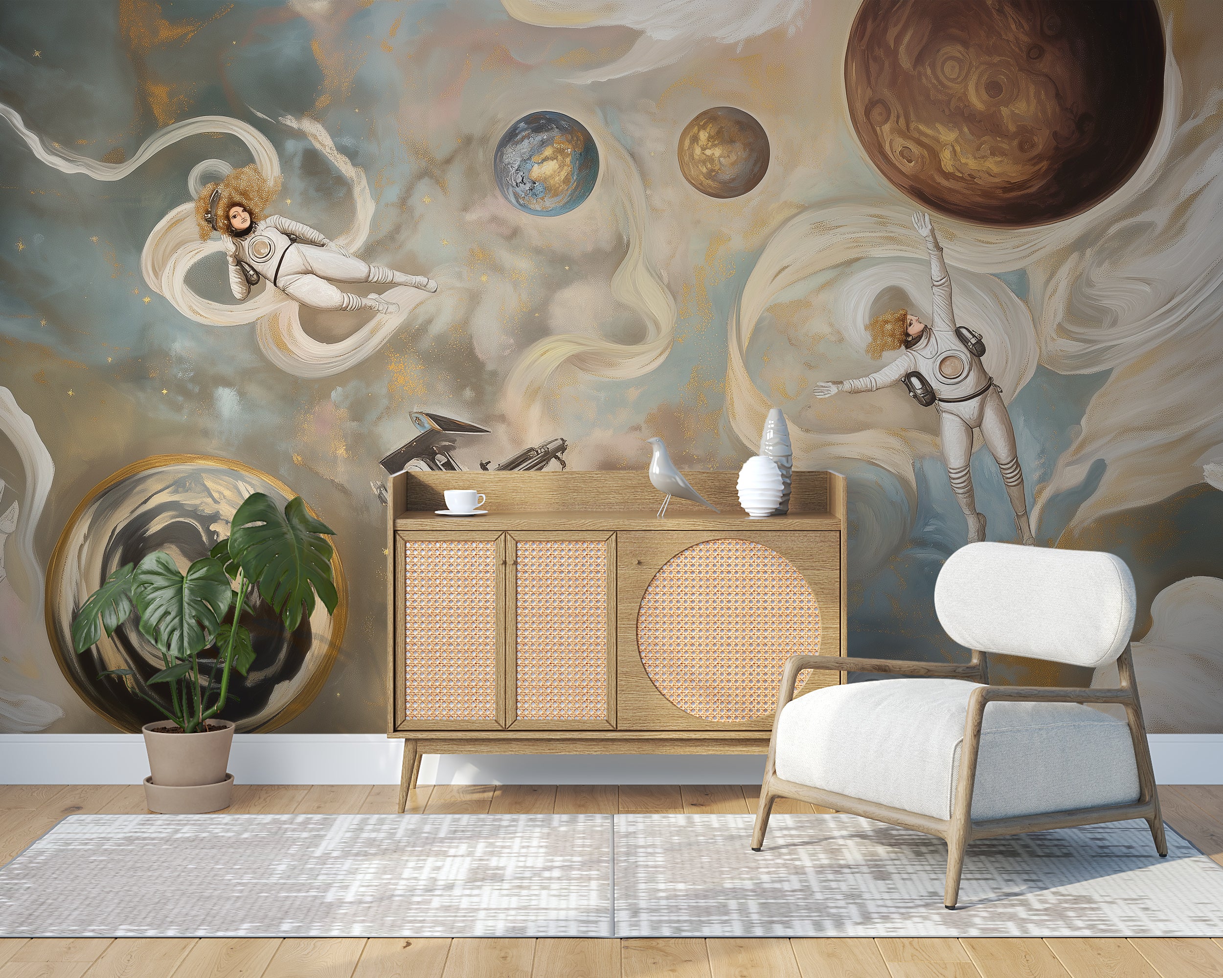 Dark cosmic wallpaper with floating astronaut design.
Abstract space adventure peel-and-stick mural.