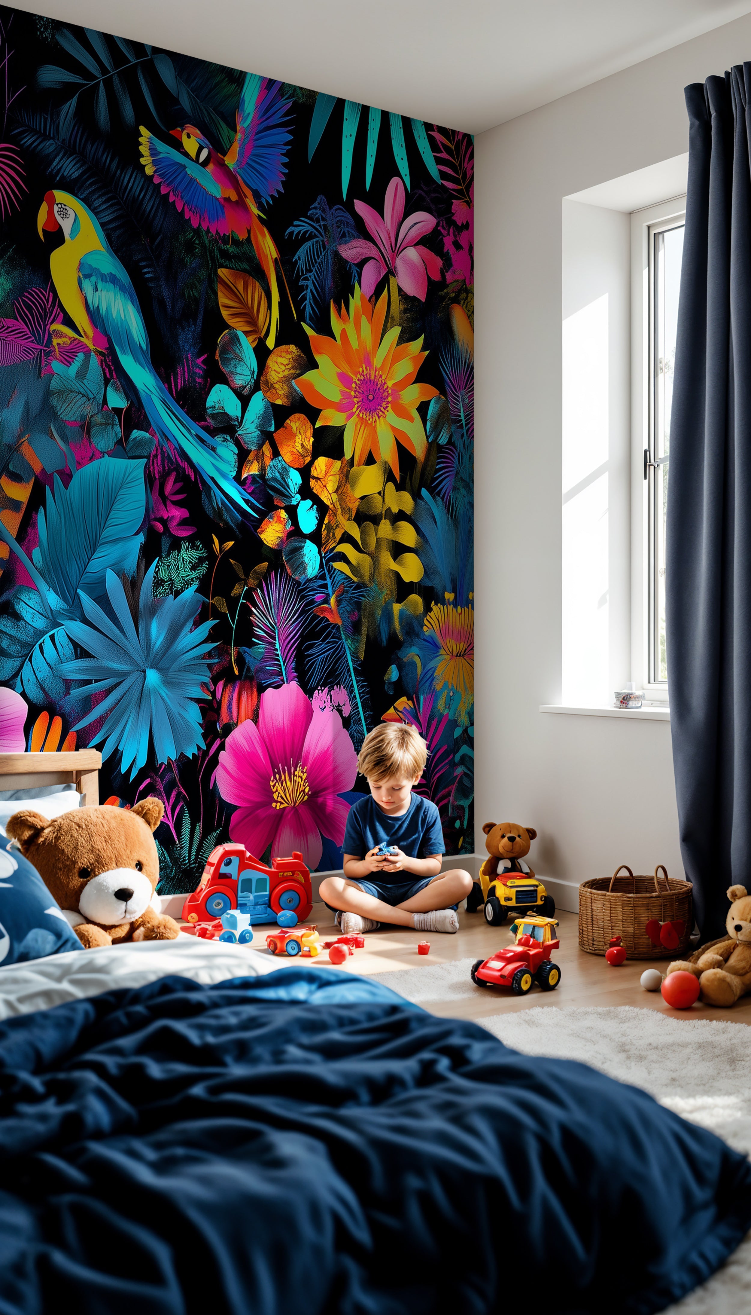 Colorful neon wall mural with bright jungle design.
Peel-and-stick tropical wallpaper with parrots.