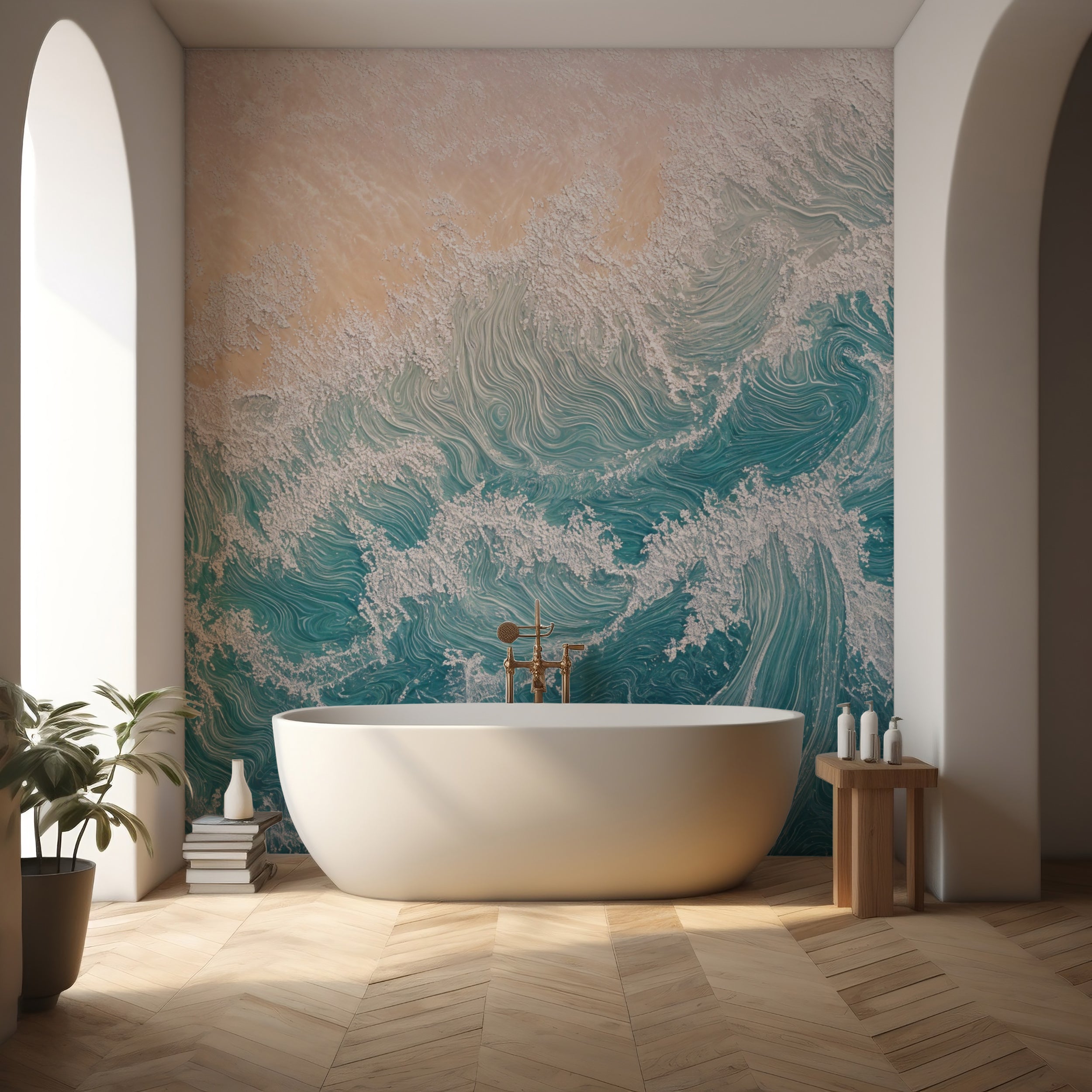 Bounty beach wall mural with calm ocean scene.
Peel-and-stick tropical wallpaper with waves.