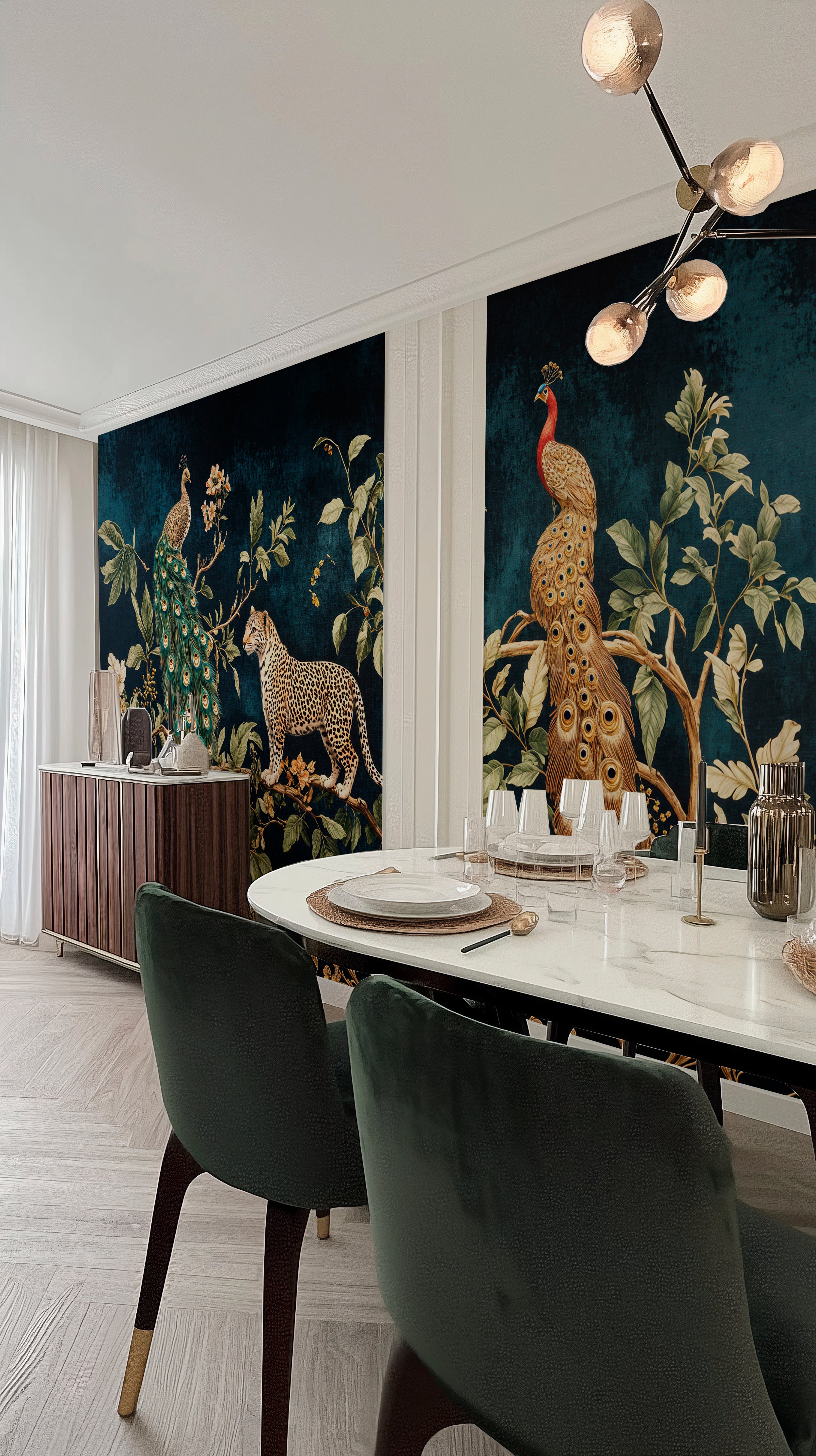 Dark Chinoiserie Wall Mural, Peacock and Leopard Vintage Wallpaper, Dark Blue and Gold Luxury Exotic Tropical Mural