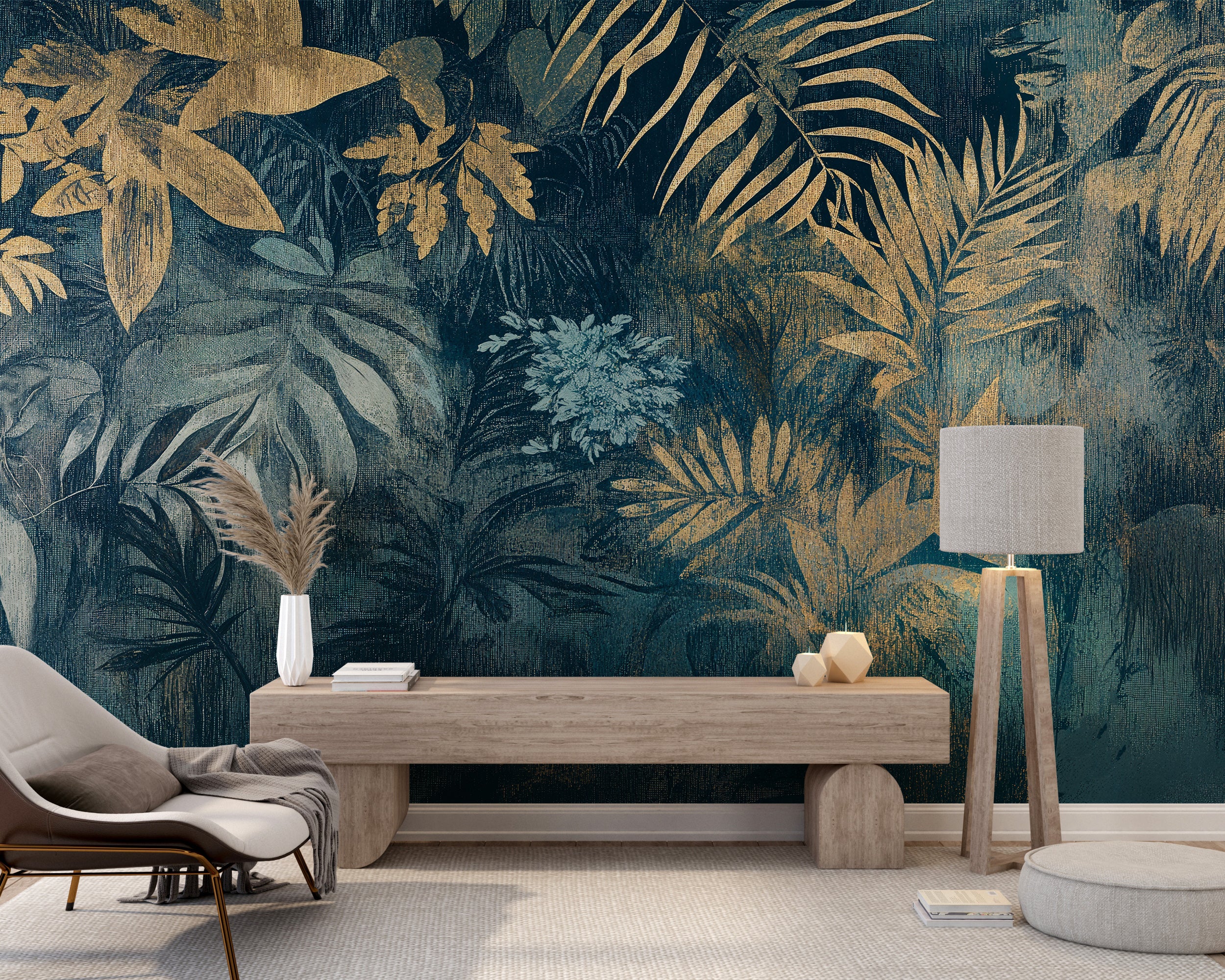 Washed Out Botanical Wall Mural, Dark Blue and Gold Vintage Jungle Wallpaper, Palm Leaves Removable Mural