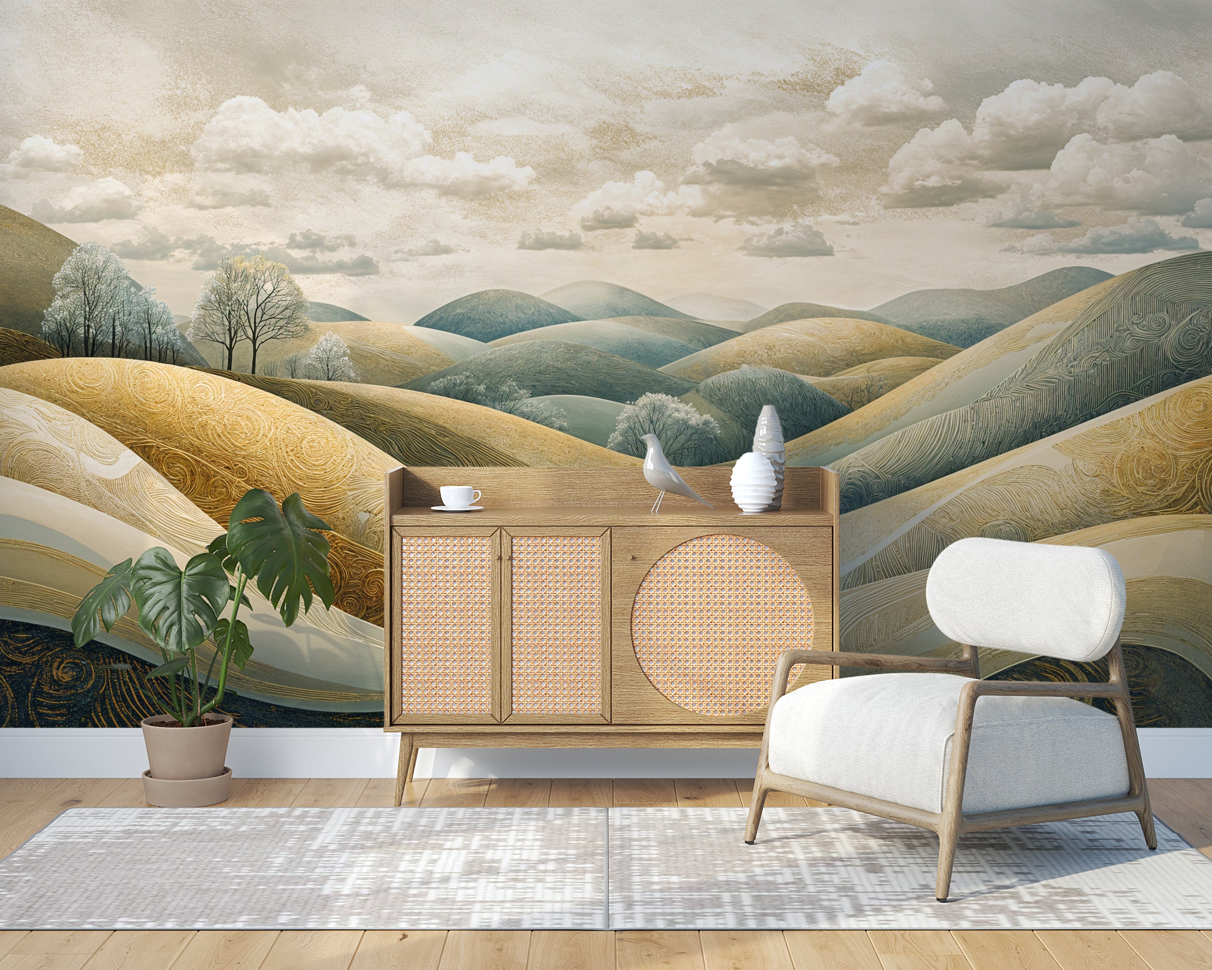 Meadow Hills Wall Mural, Highly Detailed Landscape Art, Peel and Stick Removable Beige Wallpaper