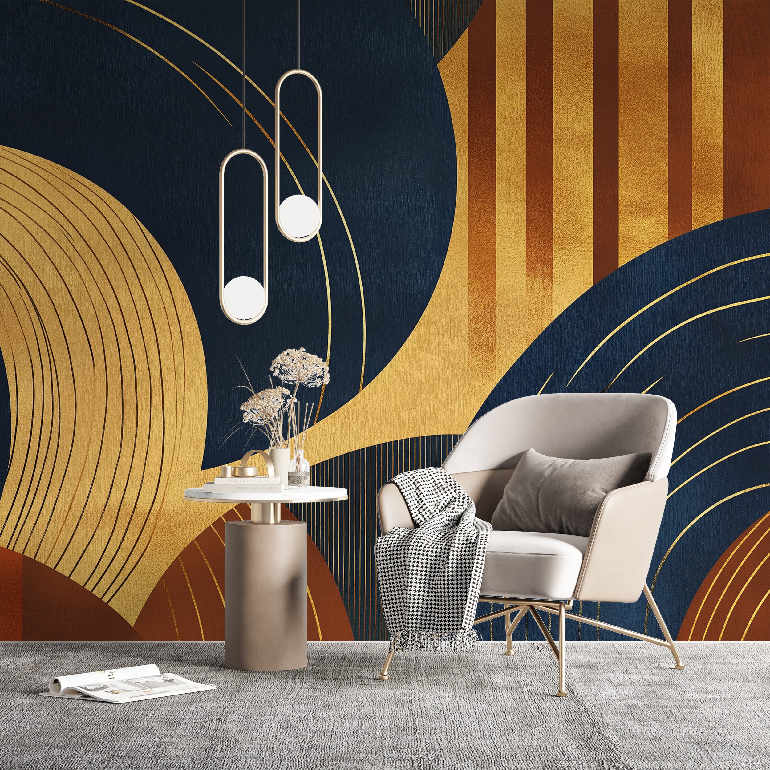 Blue and gold mid-century modern mural.
Abstract colorful geometric wallpaper.