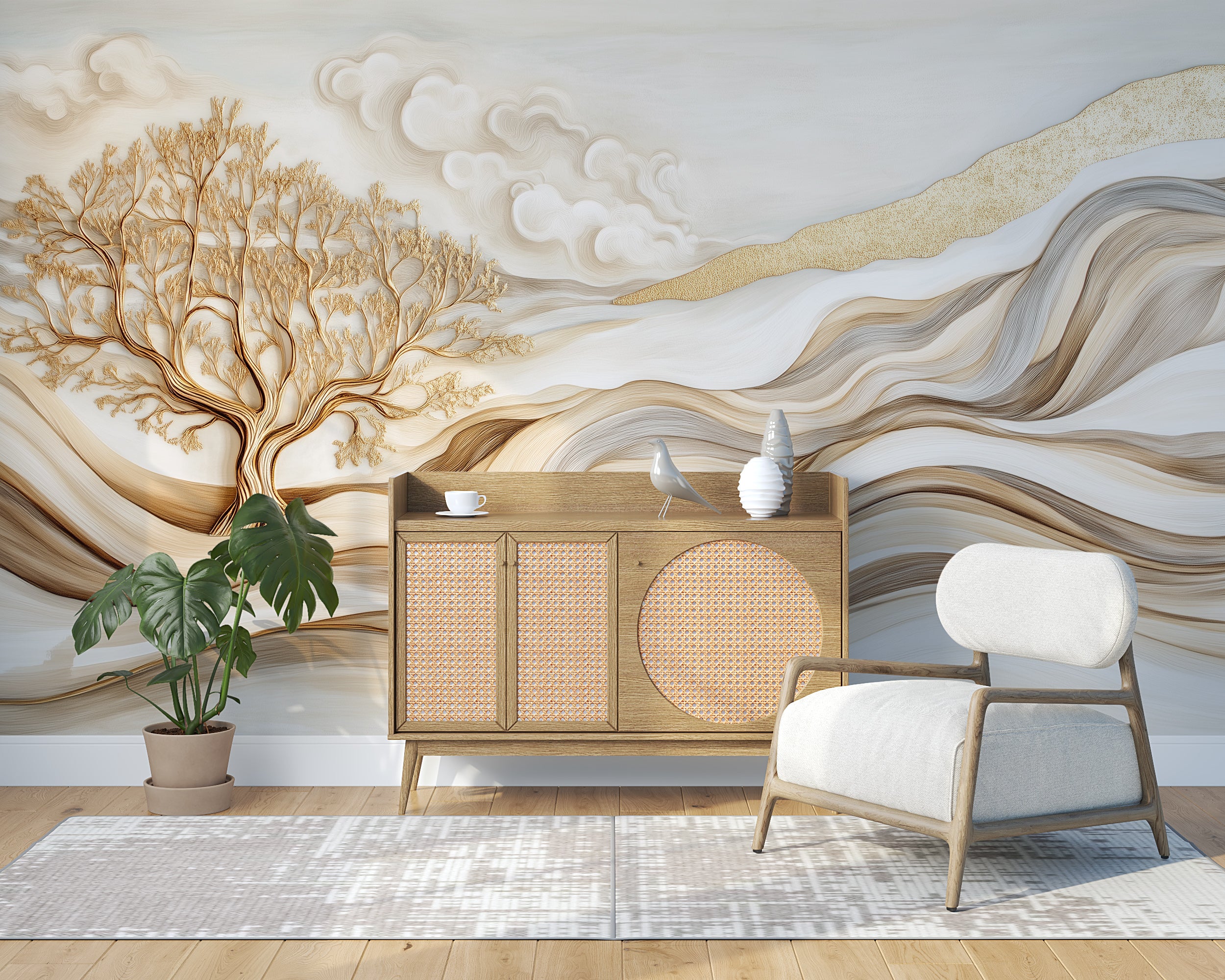 Beige and White Abstract Field Mural, Golden Tree Wallpaper, Peel and Stick Wavy Lines Wall Decor