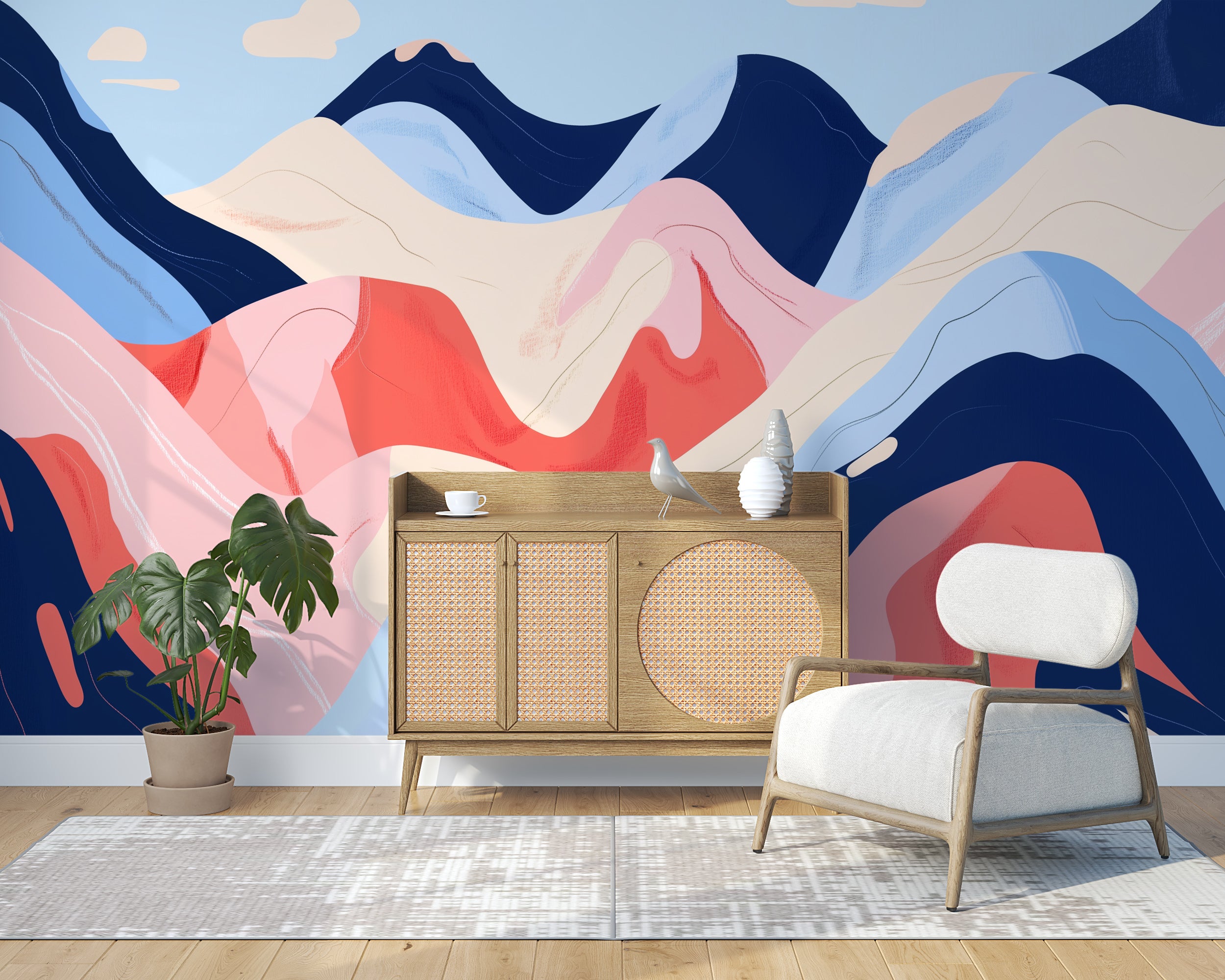 Abstract Mountain Mural, Pastel Colors Modern Wallpaper, Colorful Peel and Stick Wall Decal