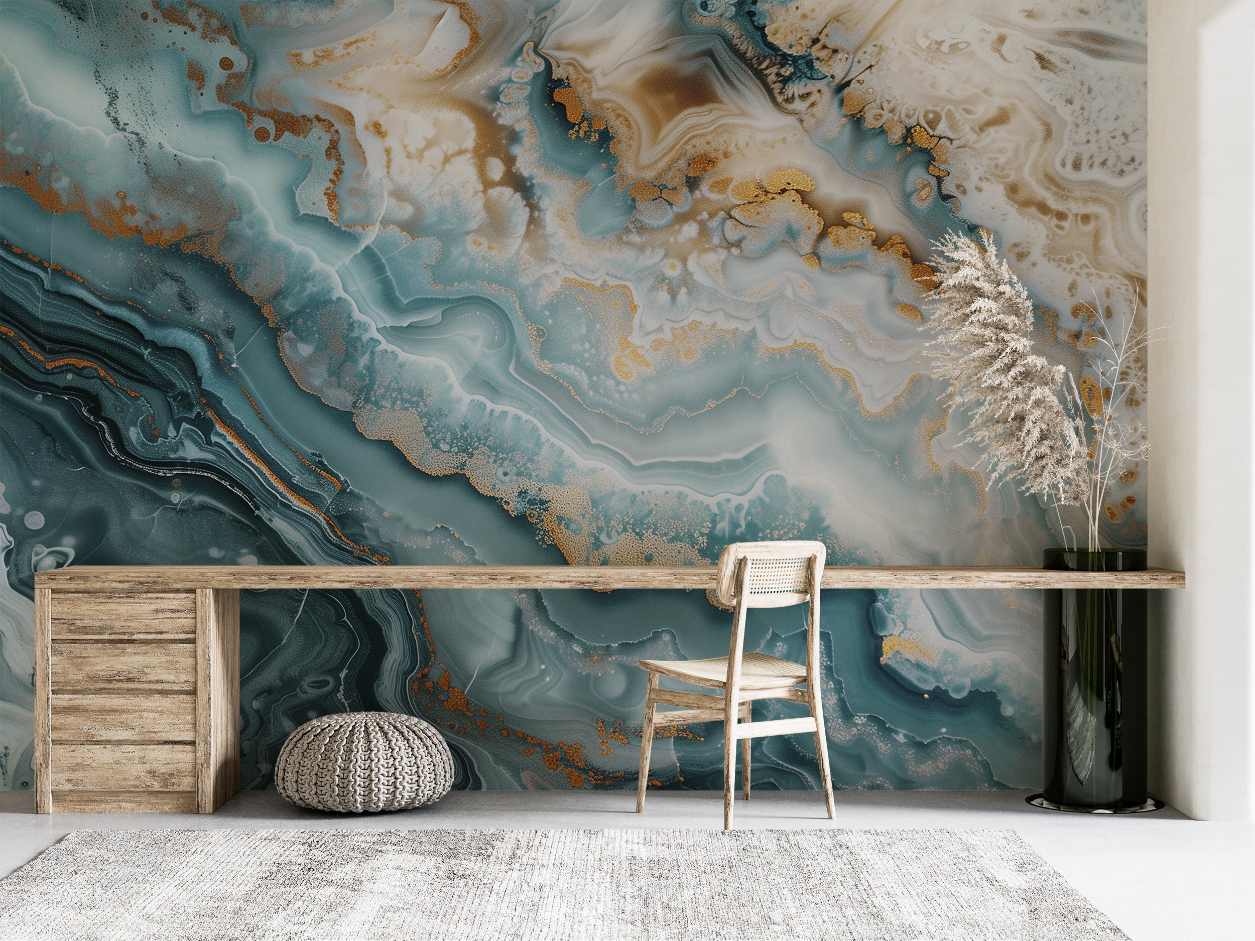 Aquamarine Marble Wall Mural, Blue Stone Wallpaper, Peel and Stick Mint Marble Mural, Removable Accent Wall Alcohol Ink Wall Decor