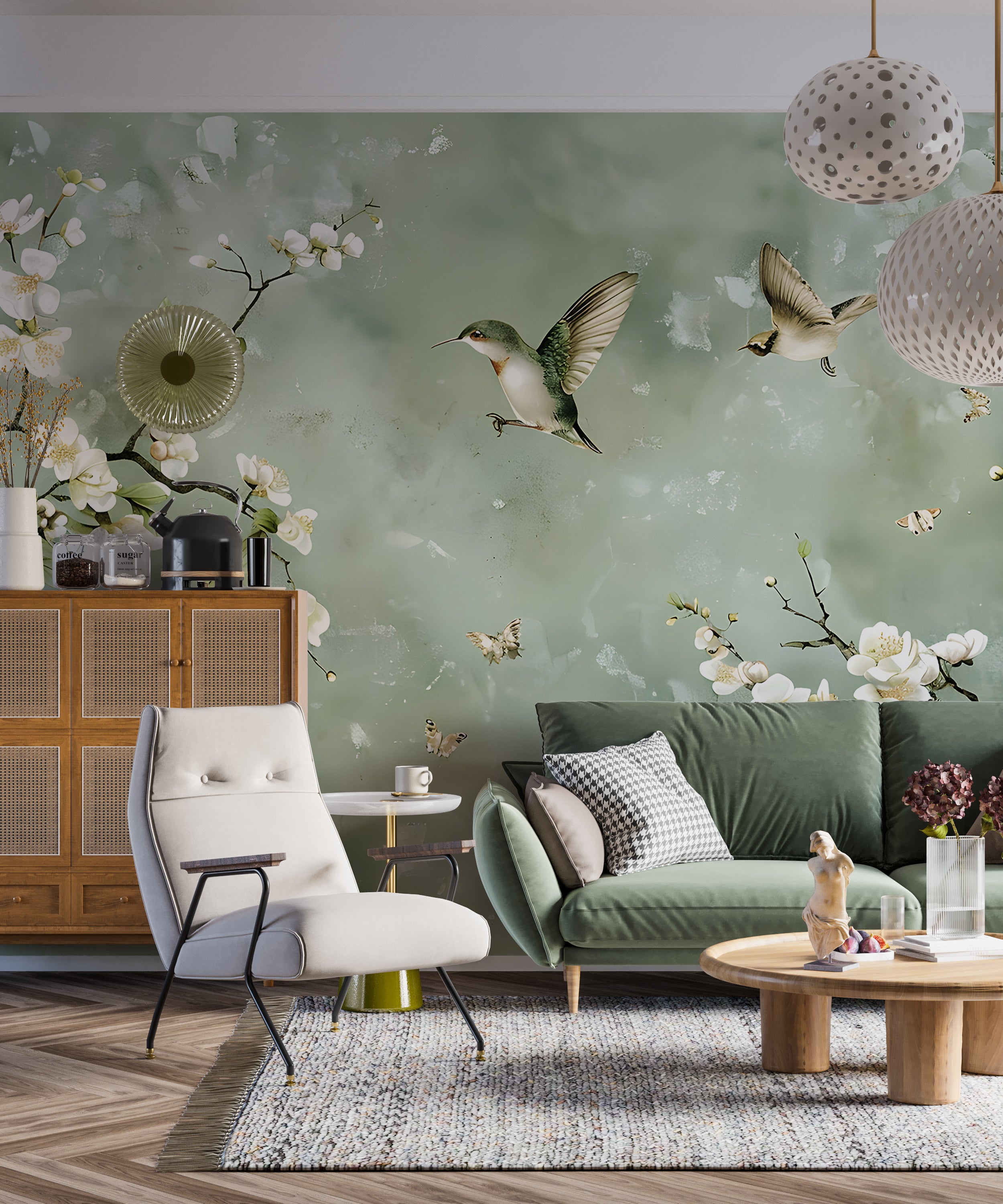Nature-inspired Green Chinoiserie Wall Art Botanical Birds and Flowers Wallpaper in Soft Green